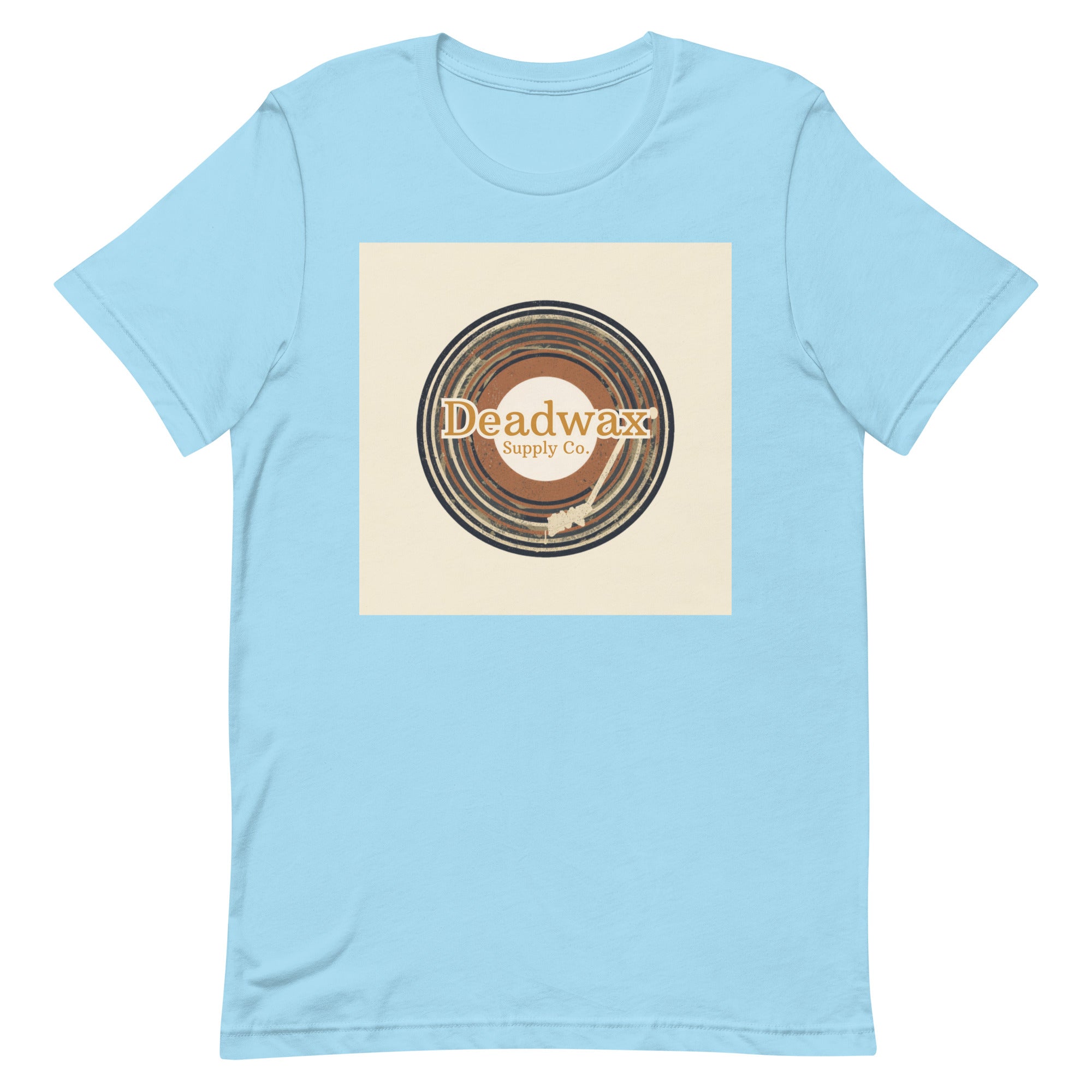 Deadwax Tonearm Tee in ocean blue – vinyl record collector t-shirt with tonearm and record logo