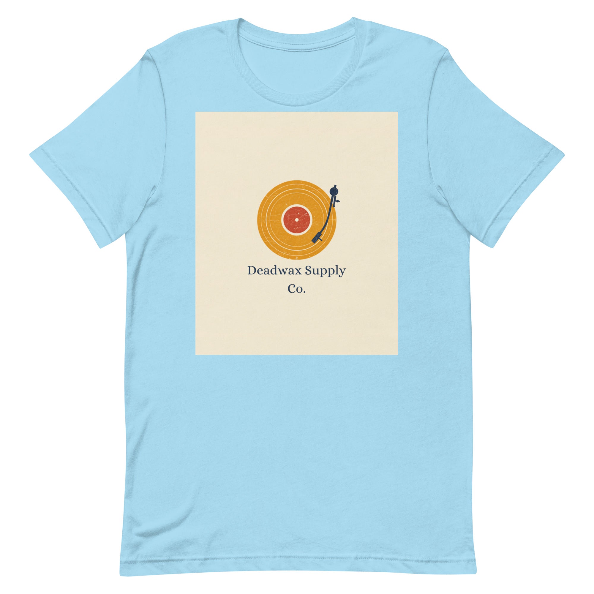 Deadwax Tonearm Tee in ocean blue – vinyl record collector t-shirt with tonearm and record logo