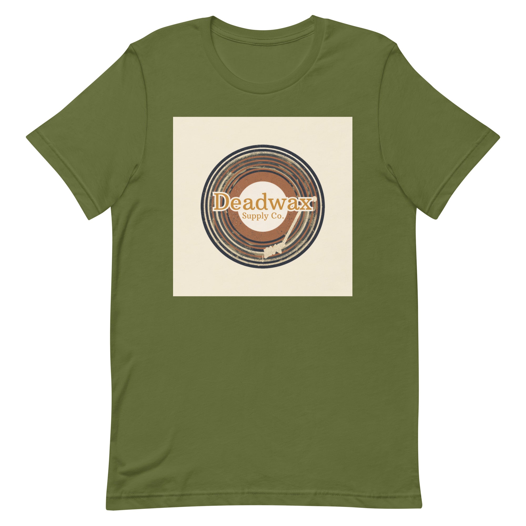 Deadwax Tonearm Tee in olive – vinyl record collector t-shirt with tonearm and record logo