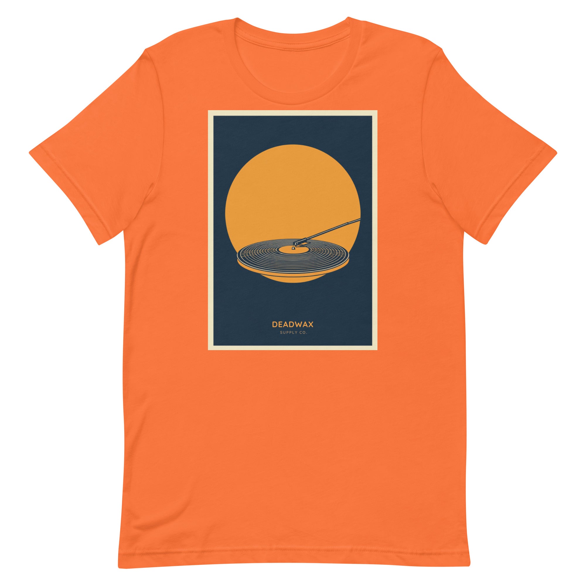 Deadwax Tonearm Tee in orange – vinyl record collector t-shirt with tonearm and record logo