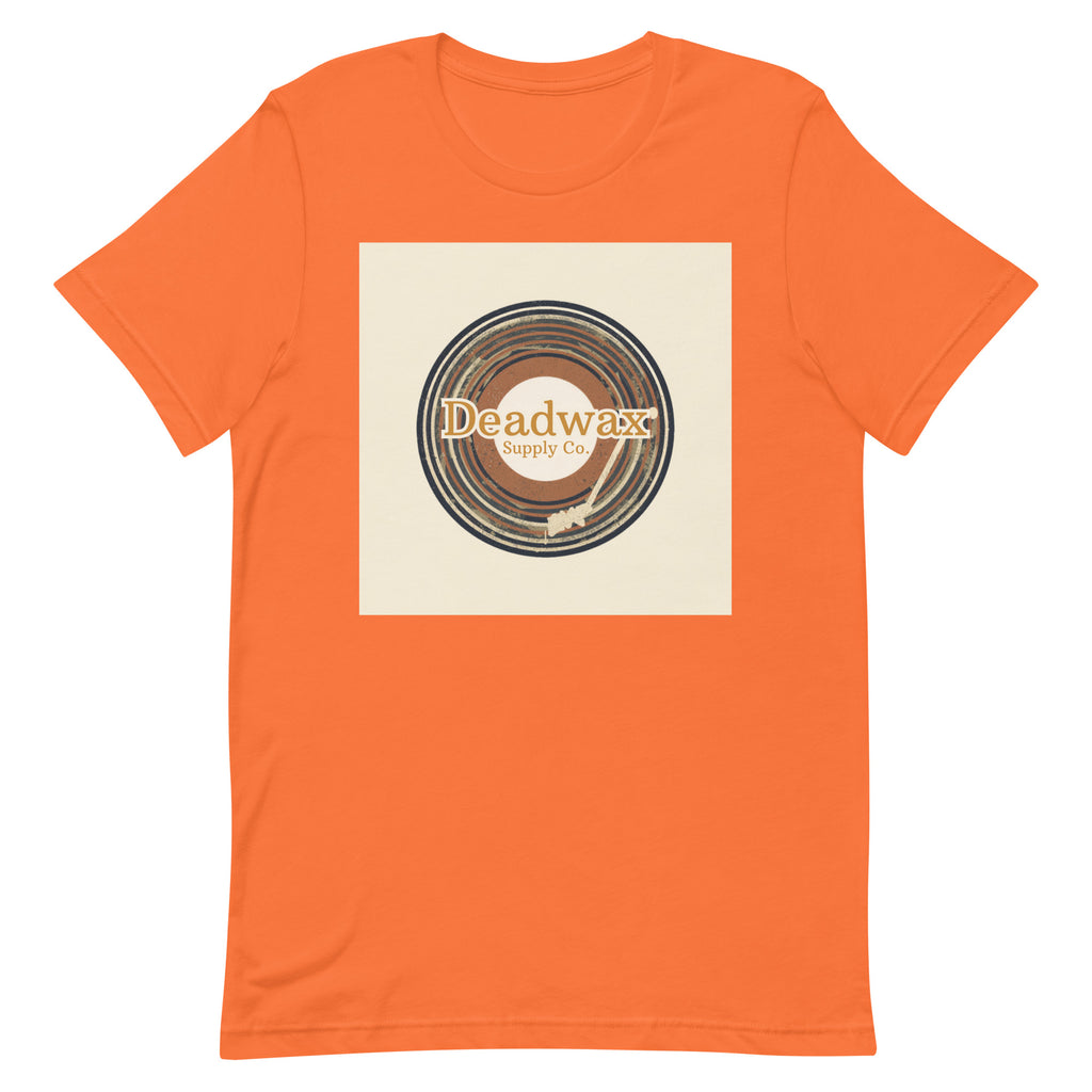 Deadwax Tonearm Tee in orange – vinyl record collector t-shirt with tonearm and record logo