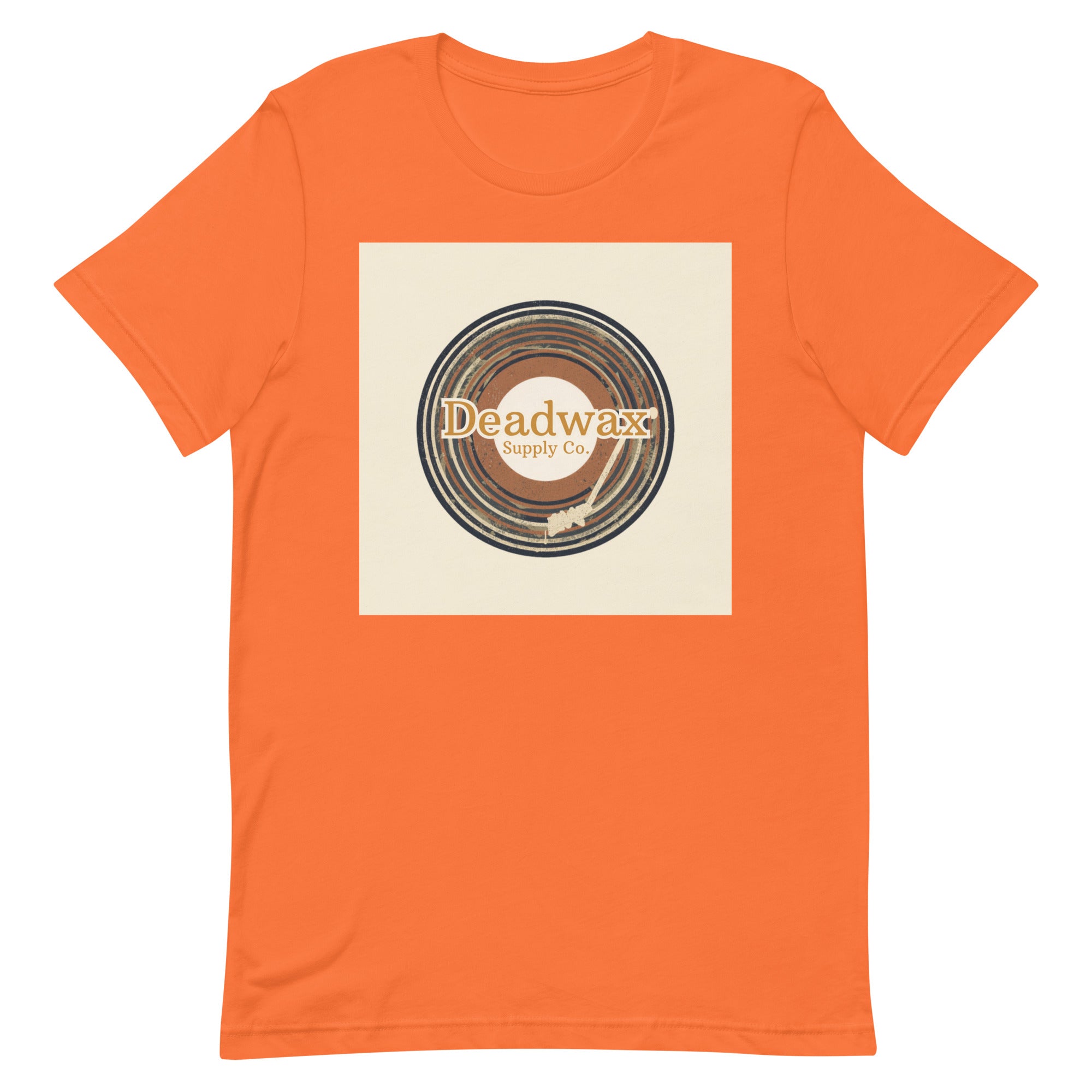 Deadwax Tonearm Tee in orange – vinyl record collector t-shirt with tonearm and record logo