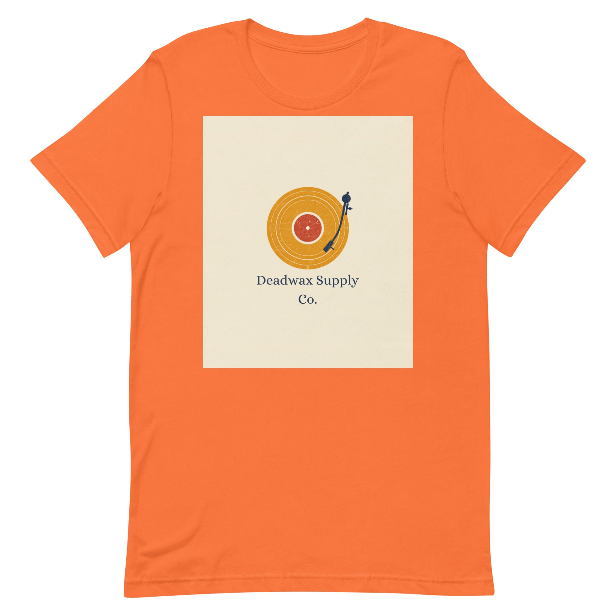 Deadwax Tonearm Tee in orange – vinyl record collector t-shirt with tonearm and record logo