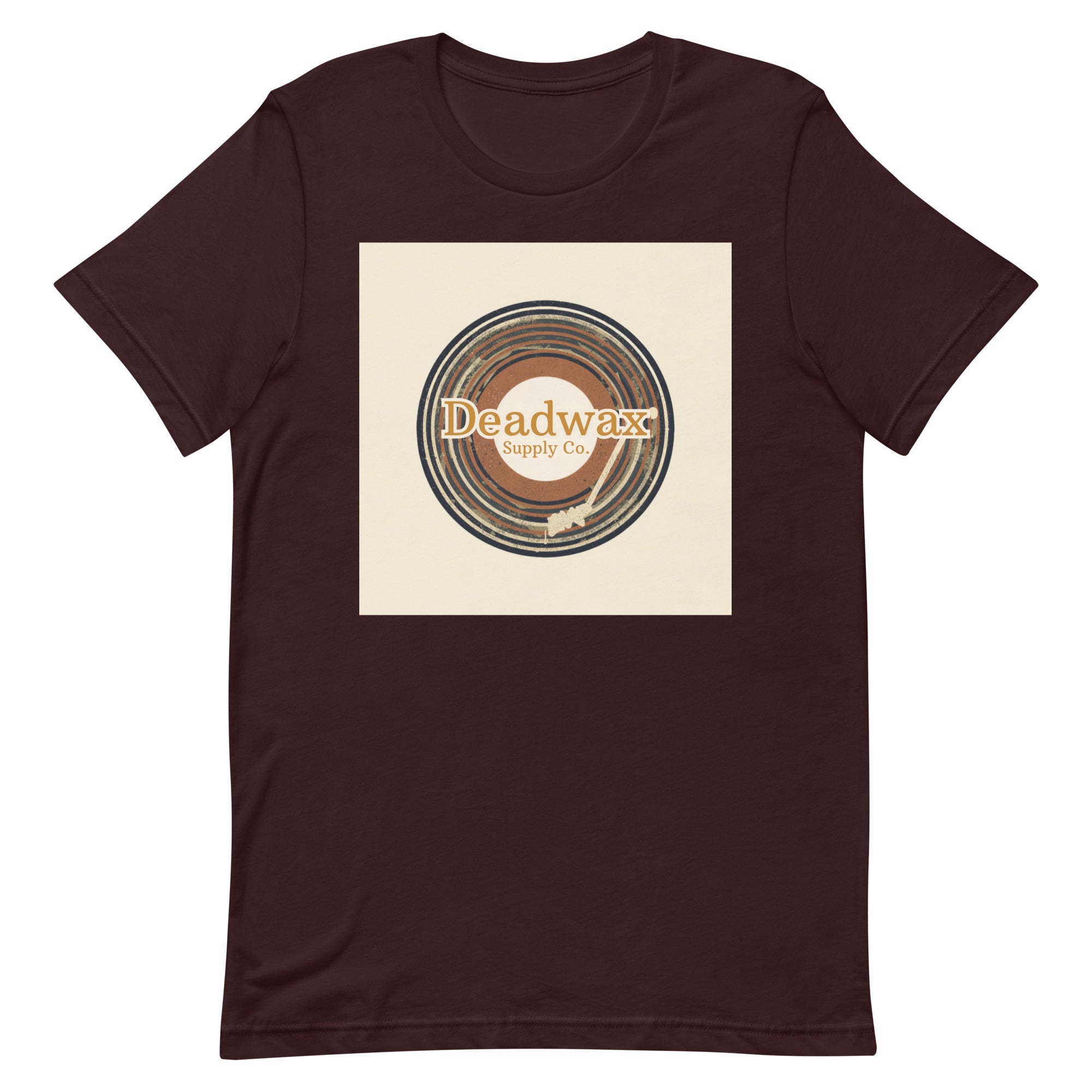 Deadwax Tonearm Tee in oxblood black – vinyl record collector t-shirt with tonearm and record logo