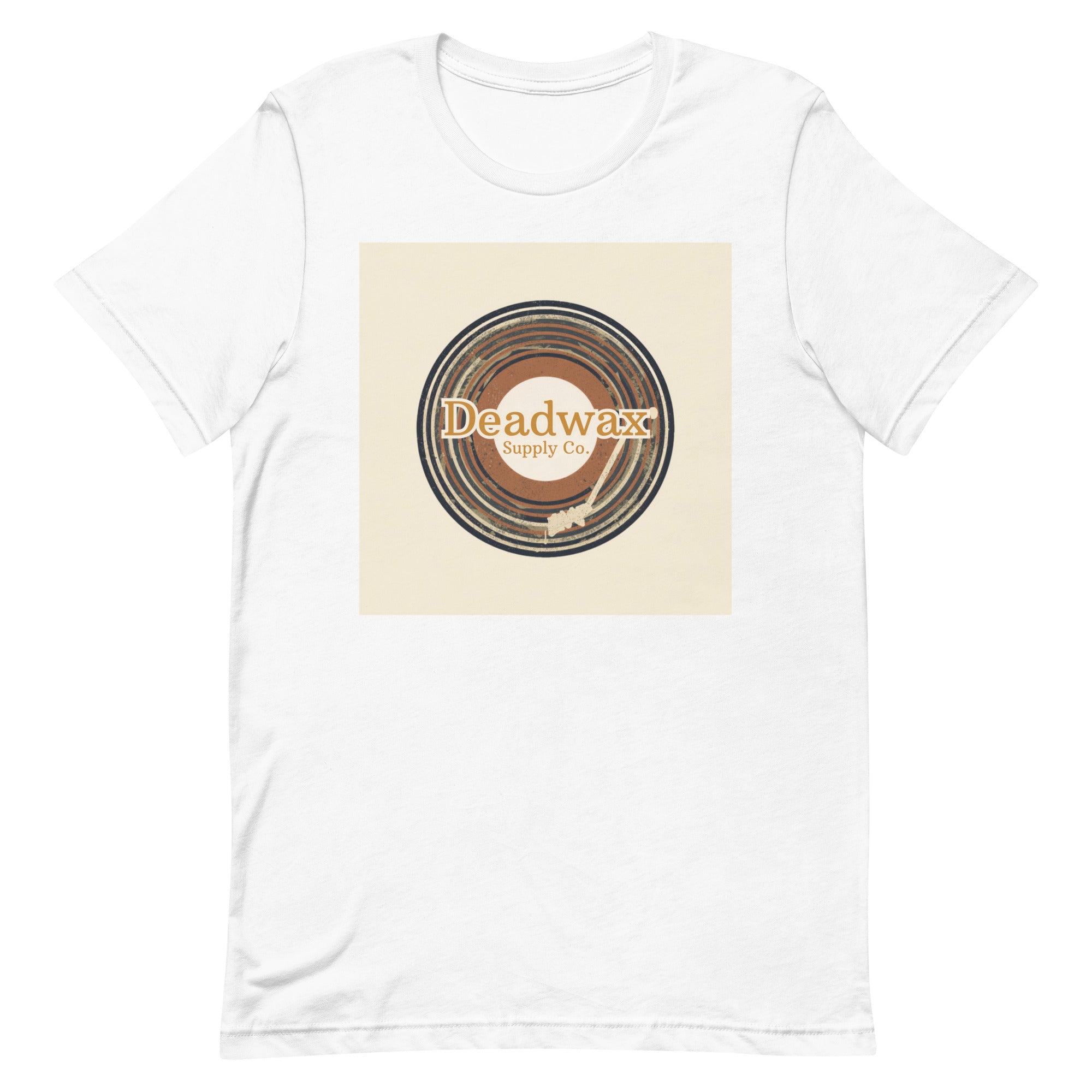 Deadwax Tonearm Tee in pebble – vinyl record collector t-shirt with tonearm and record logo