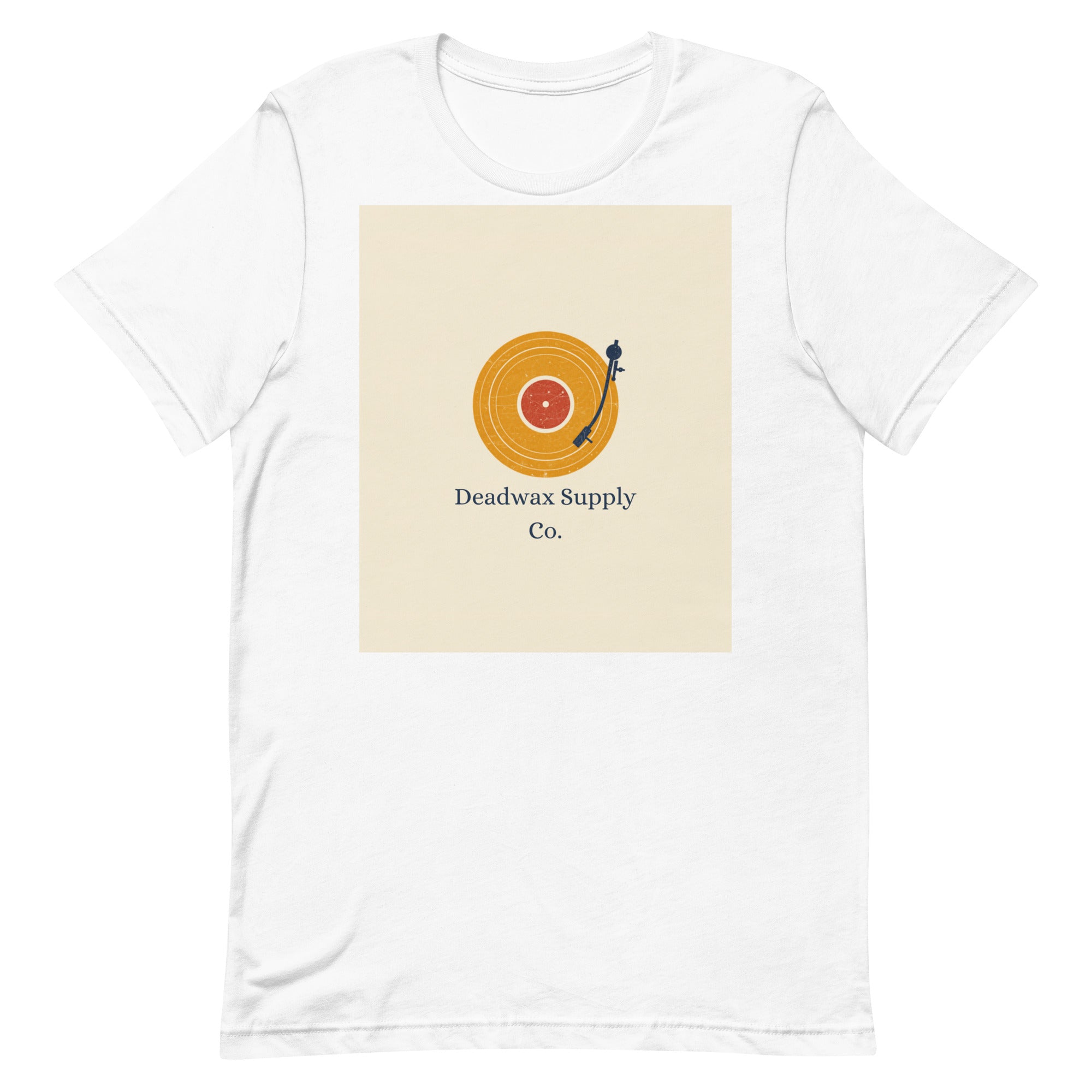 Deadwax Tonearm Tee in pebble – vinyl record collector t-shirt with tonearm and record logo