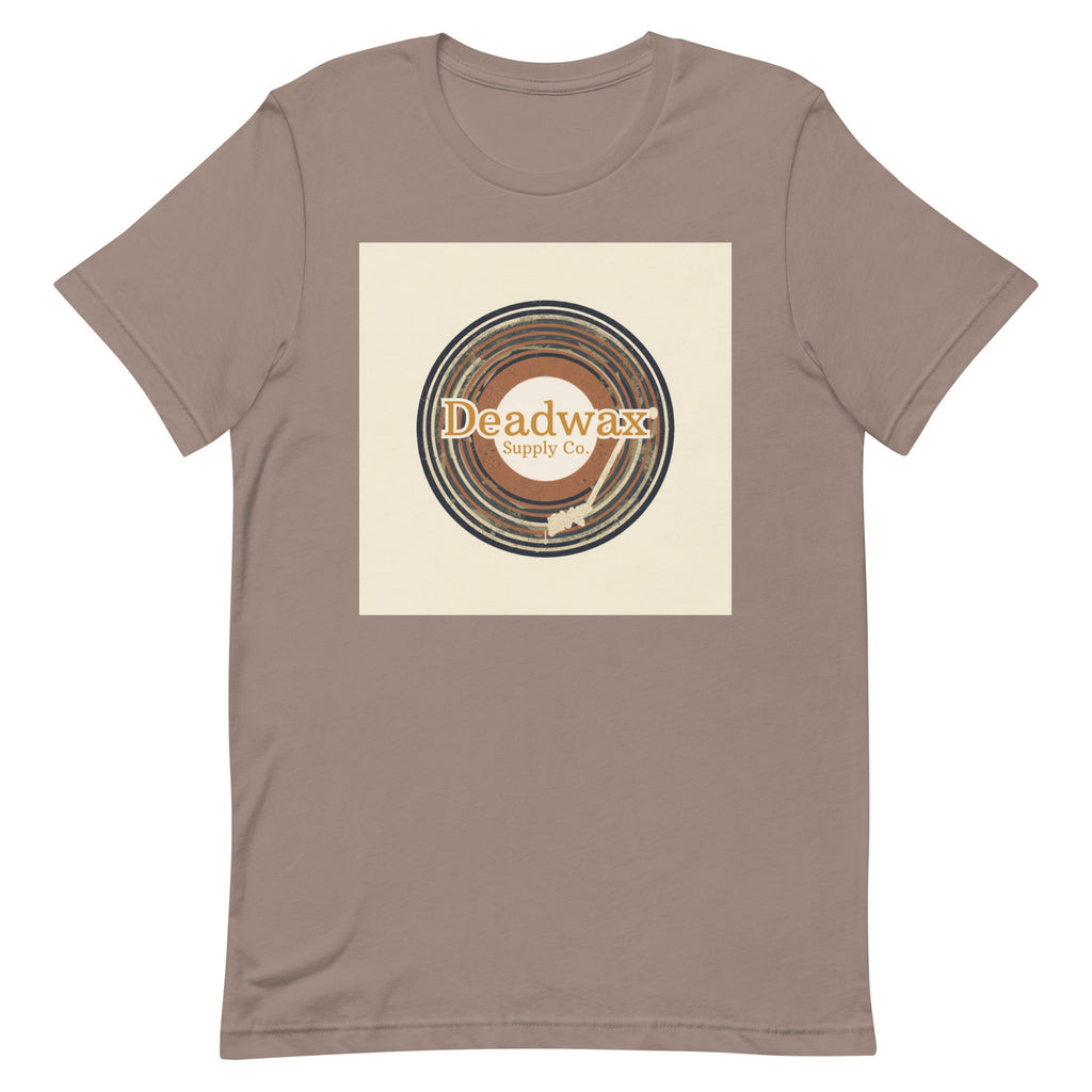 Deadwax Tonearm Tee in pebble – vinyl record collector t-shirt with tonearm and record logo