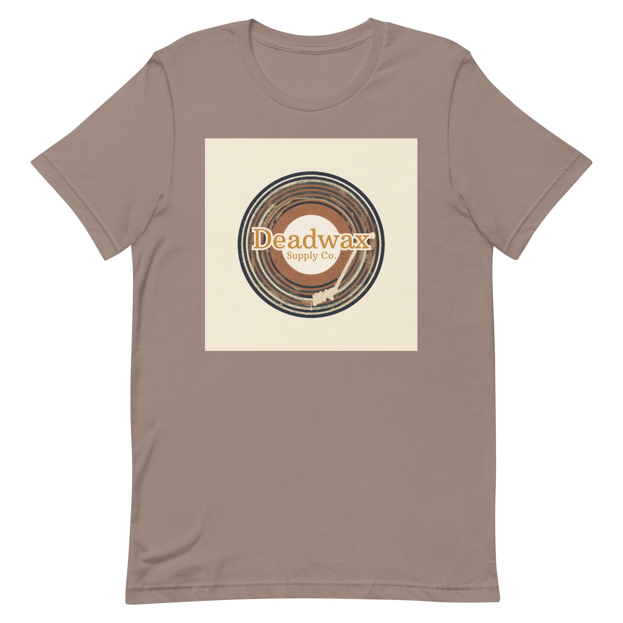 Deadwax Tonearm Tee in pebble – vinyl record collector t-shirt with tonearm and record logo
