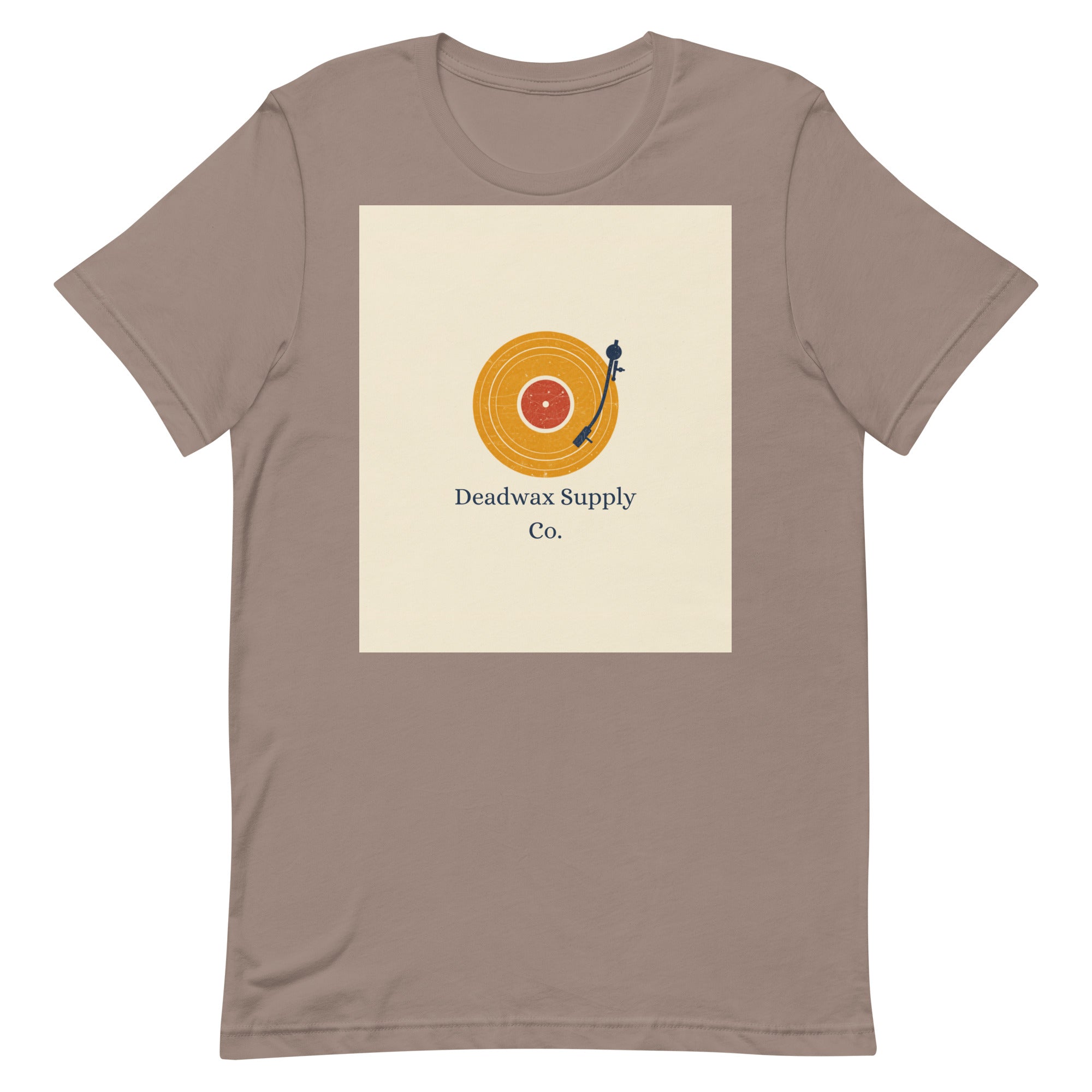 Deadwax Tonearm Tee in pebble – vinyl record collector t-shirt with tonearm and record logo