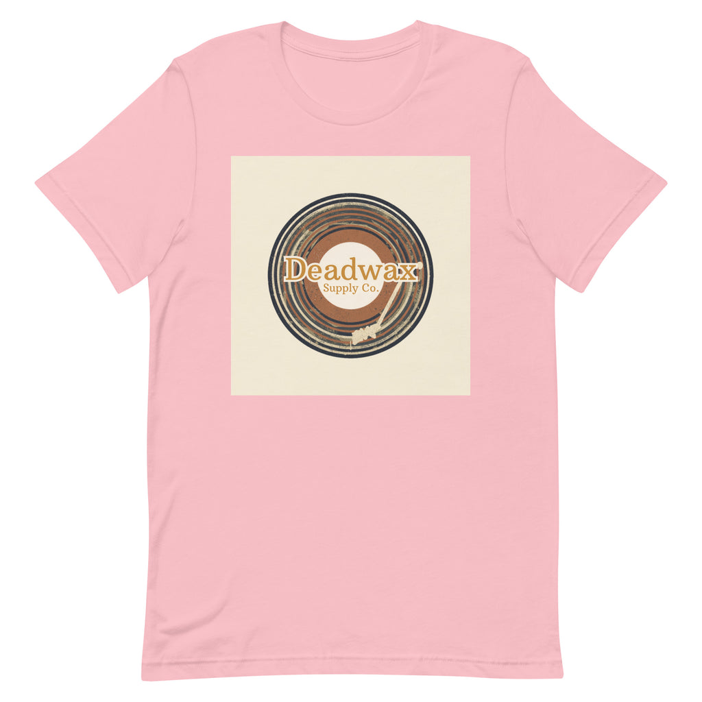 Deadwax Tonearm Tee in pink – vinyl record collector t-shirt with tonearm and record logo