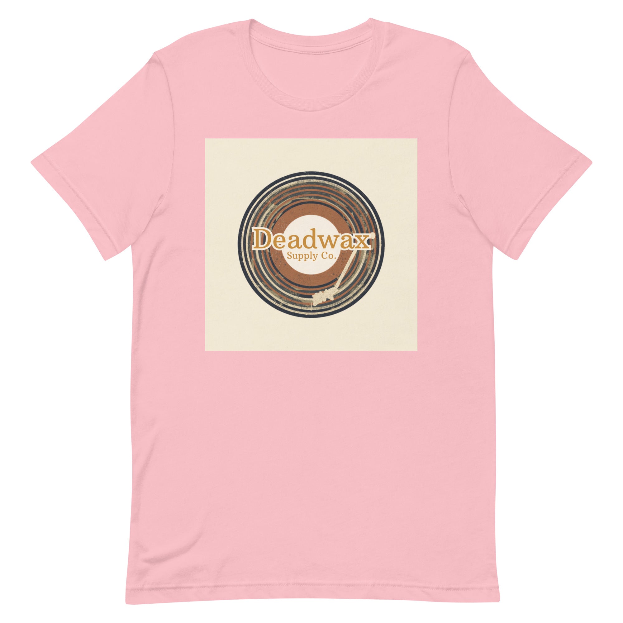 Deadwax Tonearm Tee in pink – vinyl record collector t-shirt with tonearm and record logo