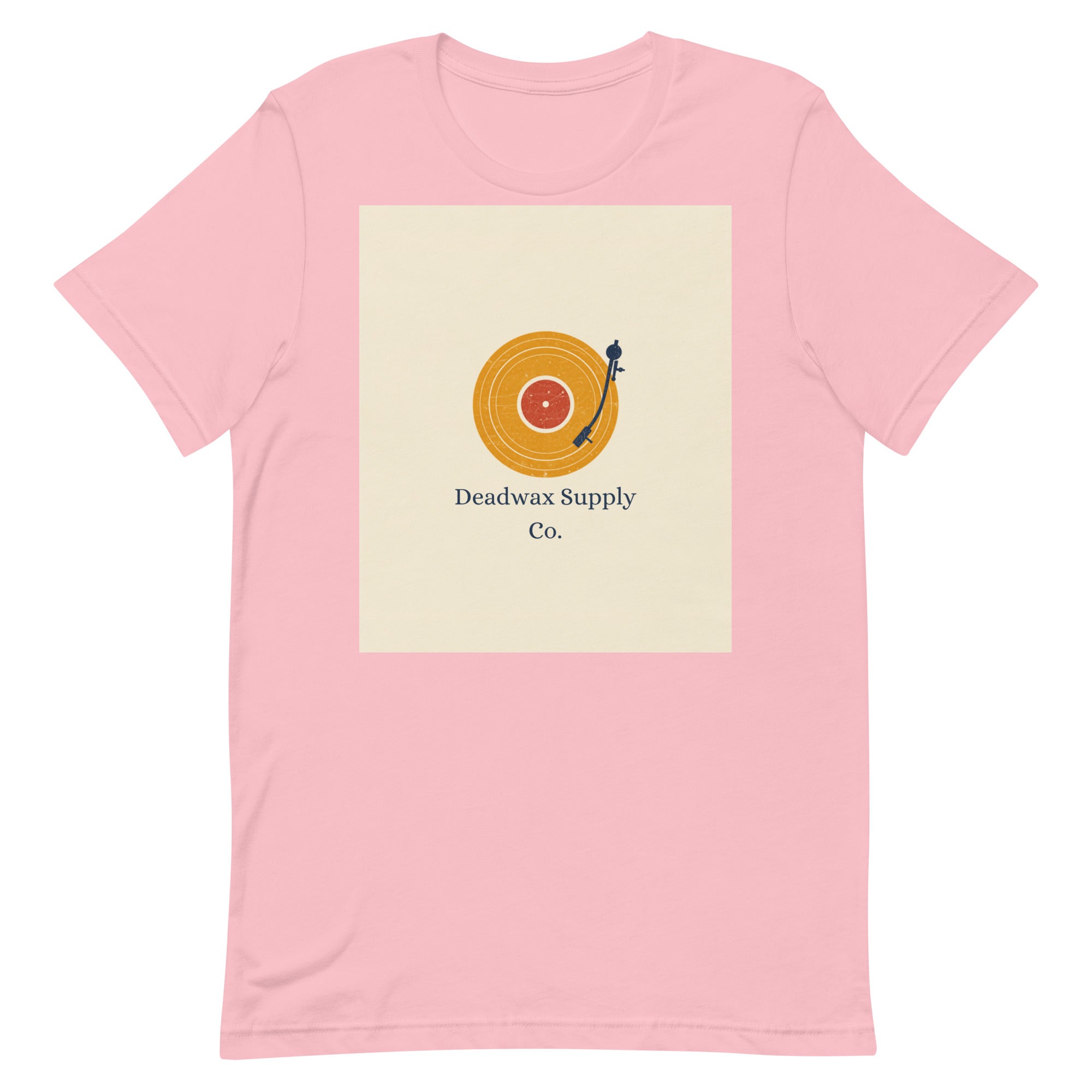 Deadwax Tonearm Tee in pink – vinyl record collector t-shirt with tonearm and record logo