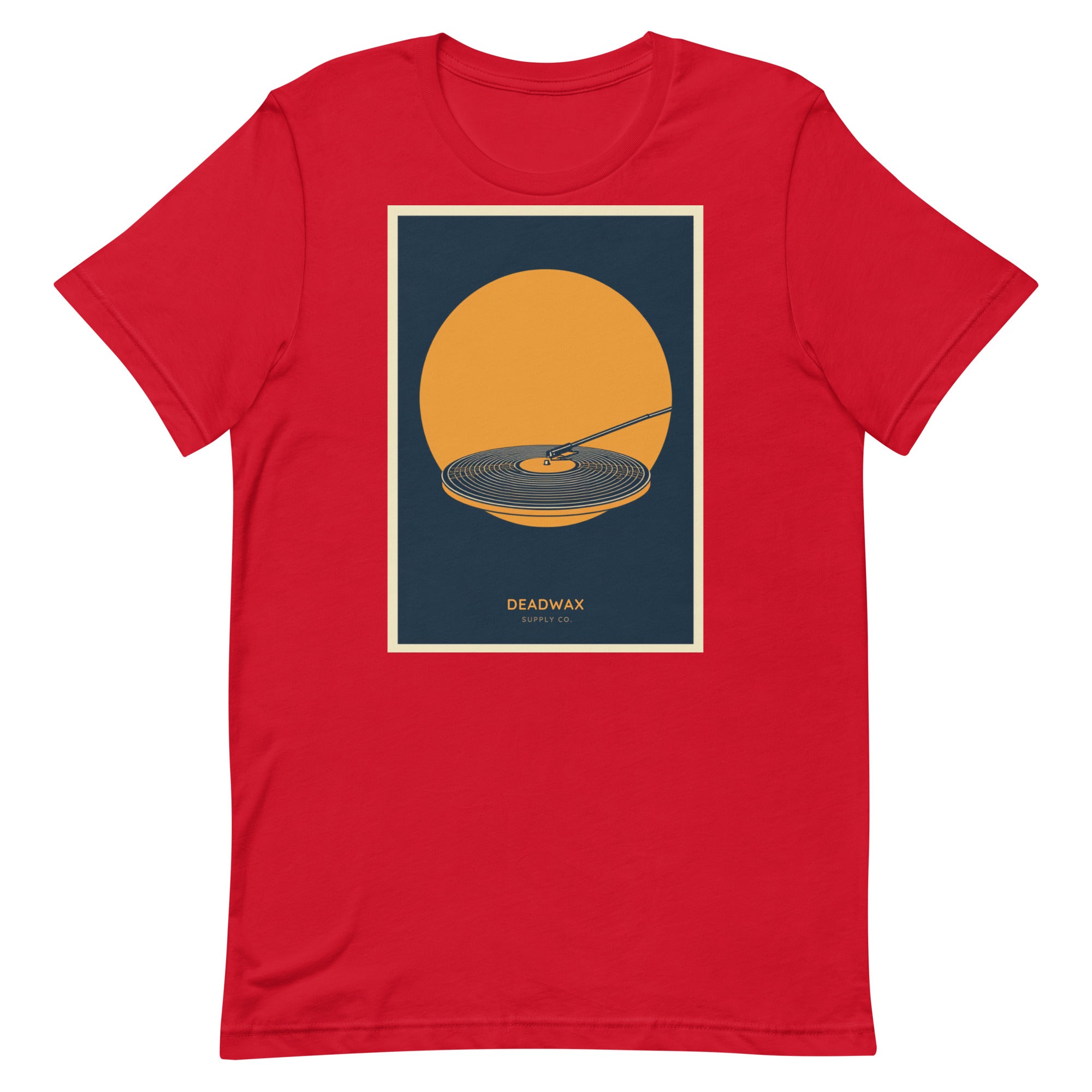 Deadwax Tonearm Tee in red – vinyl record collector t-shirt with tonearm and record logo