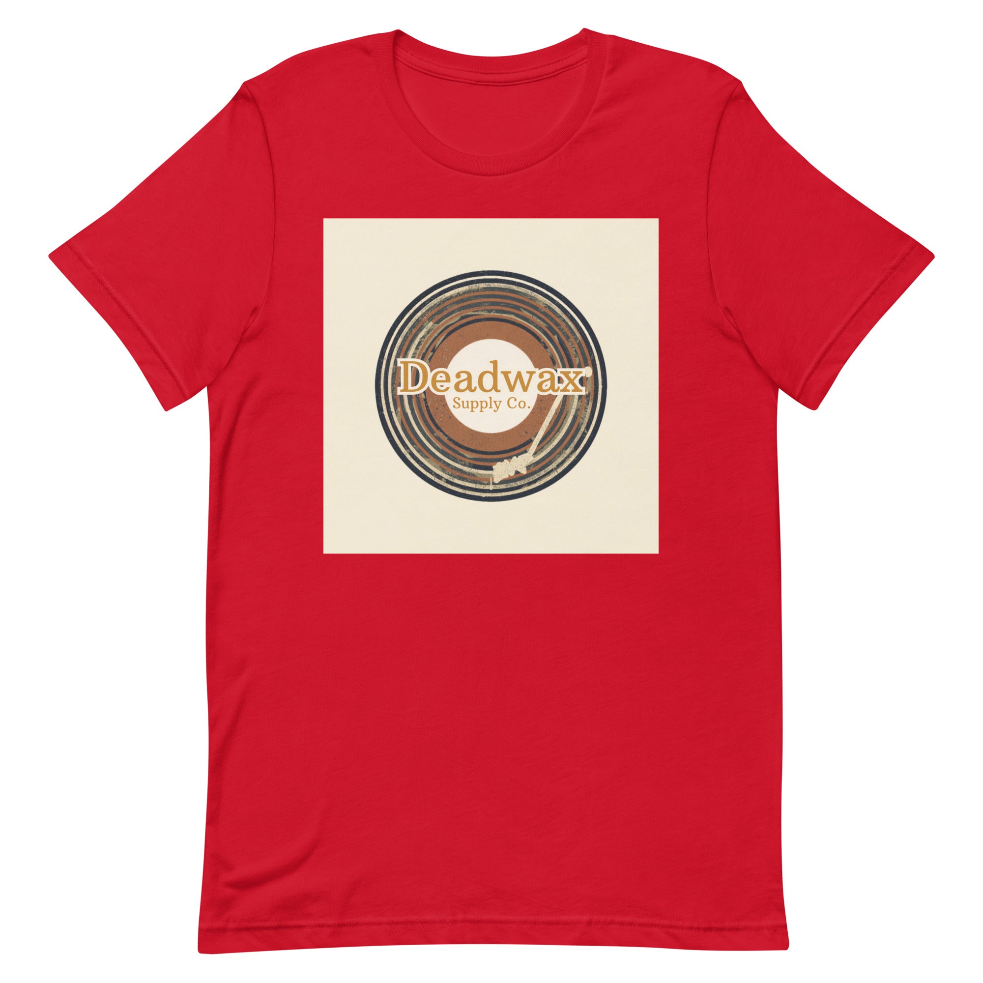 Deadwax Tonearm Tee in red – vinyl record collector t-shirt with tonearm and record logo