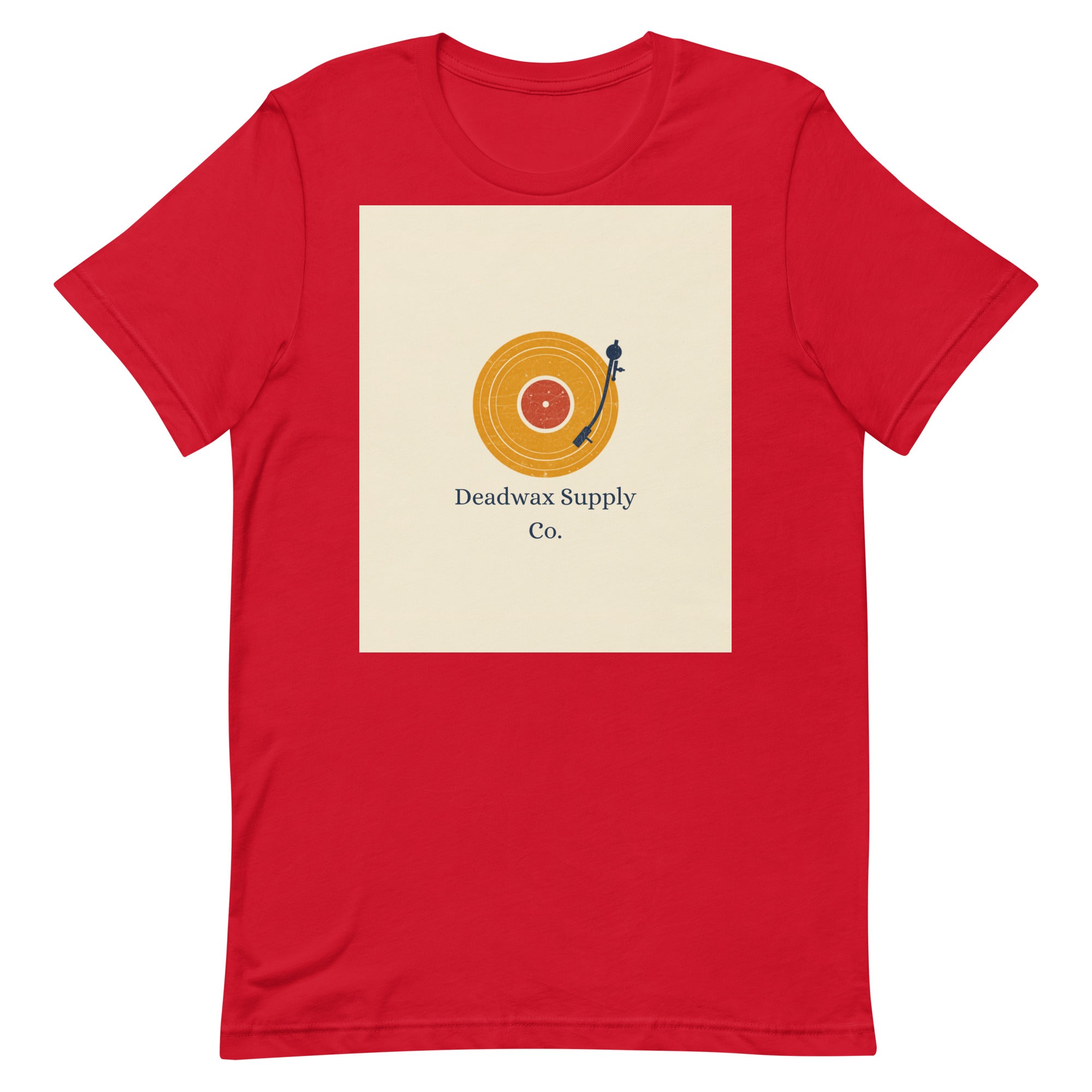 Deadwax Tonearm Tee in red – vinyl record collector t-shirt with tonearm and record logo