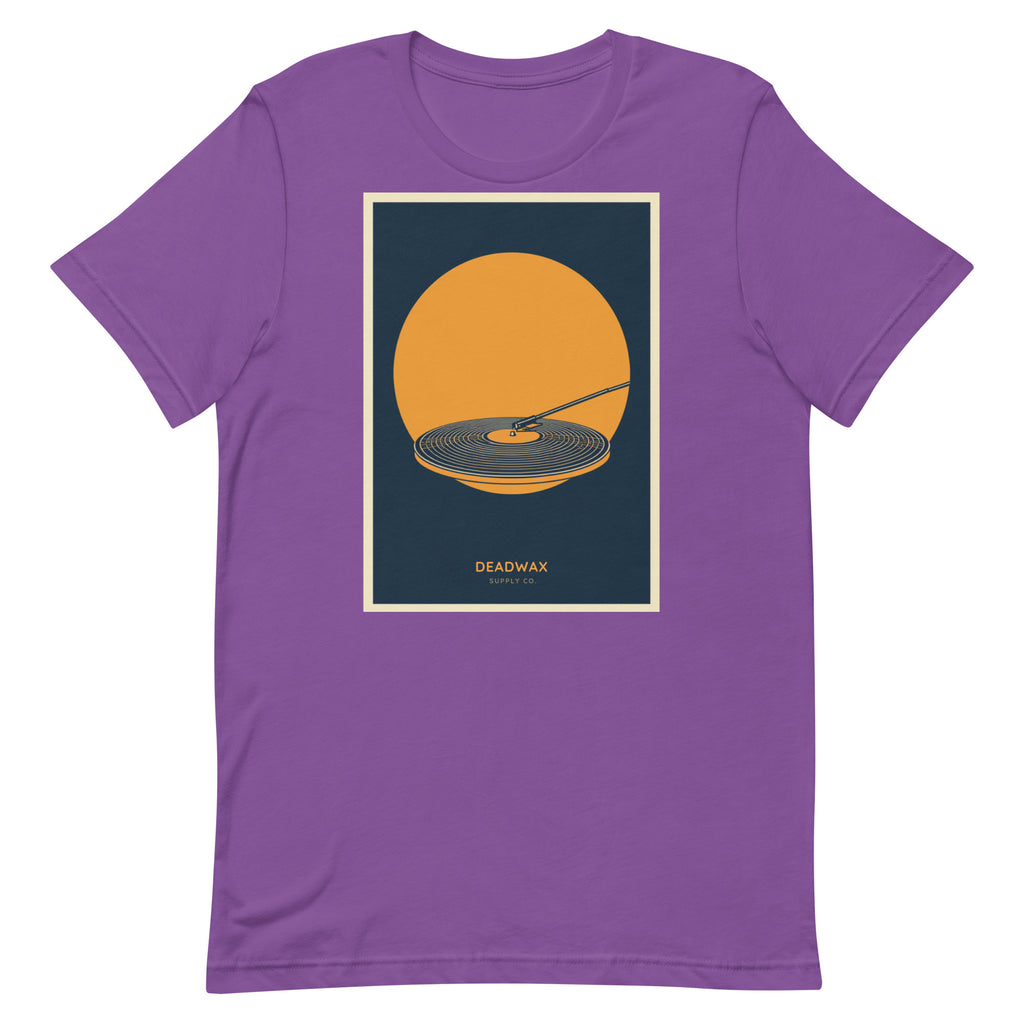 Deadwax Tonearm Tee in royal purple – vinyl record collector t-shirt with tonearm and record logo