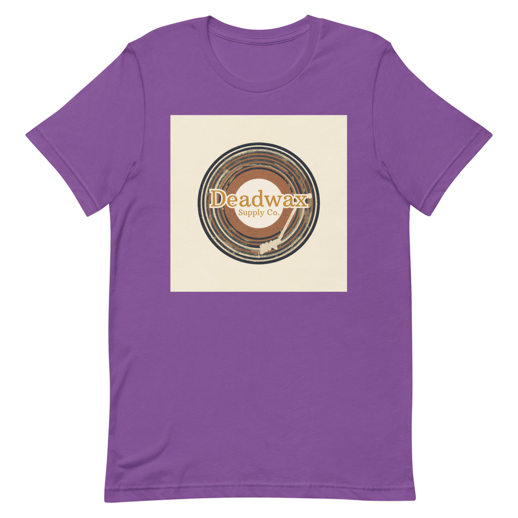 Deadwax Tonearm Tee in royal purple – vinyl record collector t-shirt with tonearm and record logo