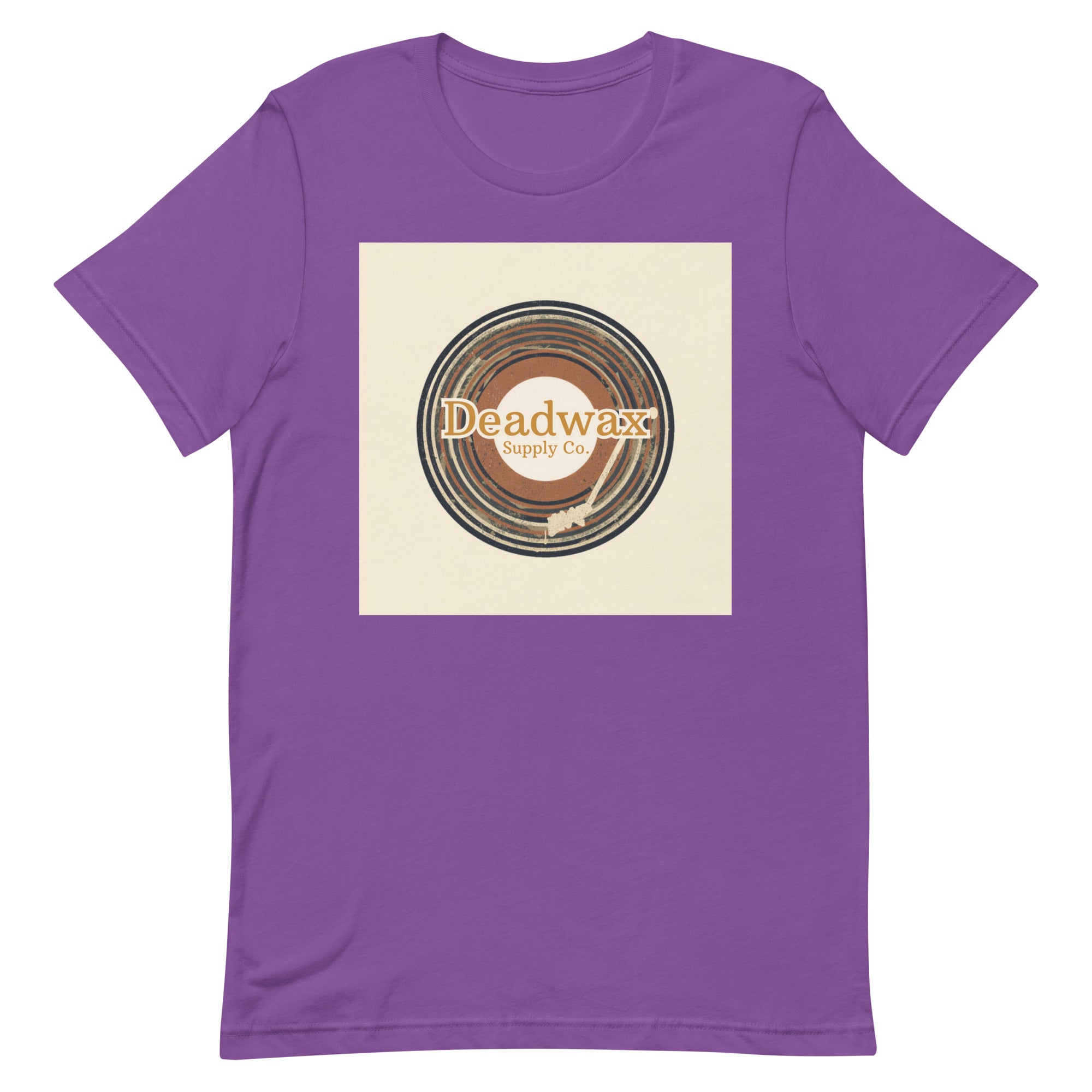 Deadwax Tonearm Tee in royal purple – vinyl record collector t-shirt with tonearm and record logo