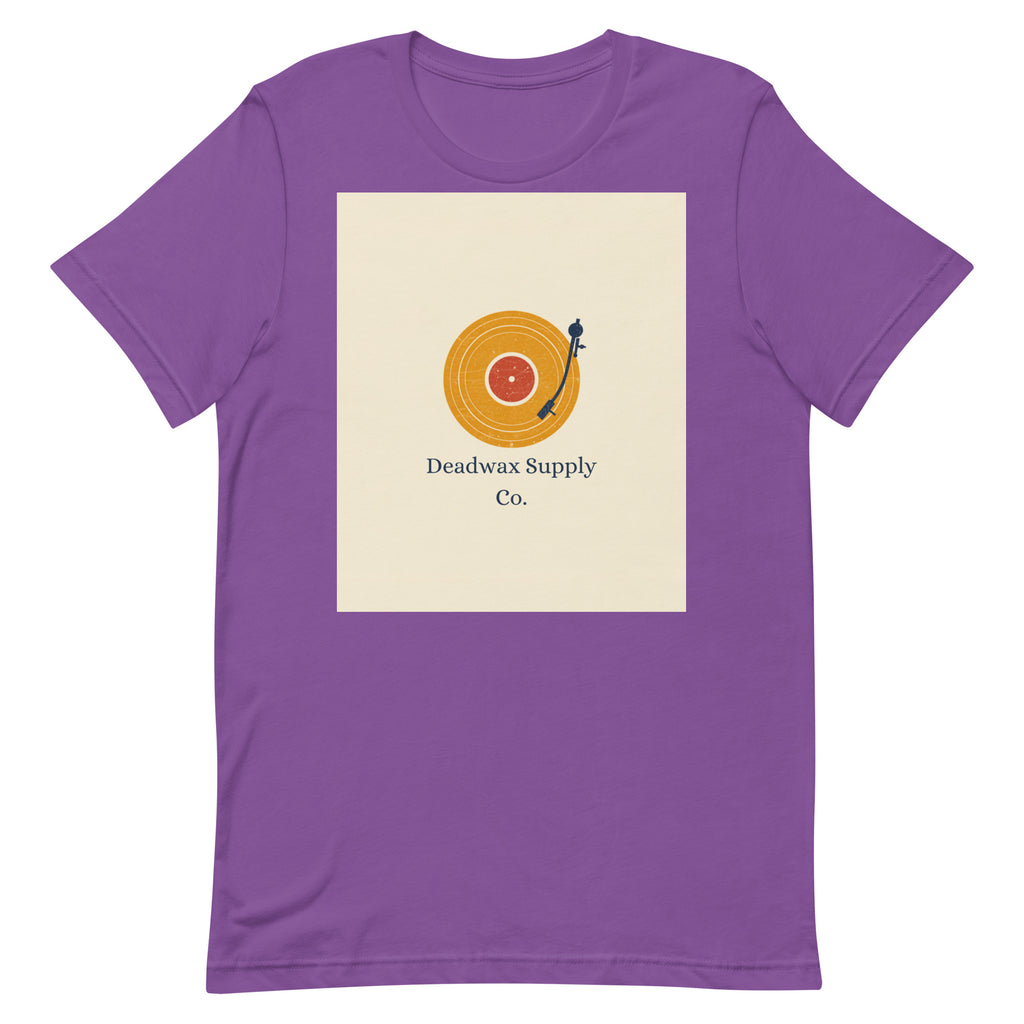 Deadwax Tonearm Tee in royal purple – vinyl record collector t-shirt with tonearm and record logo