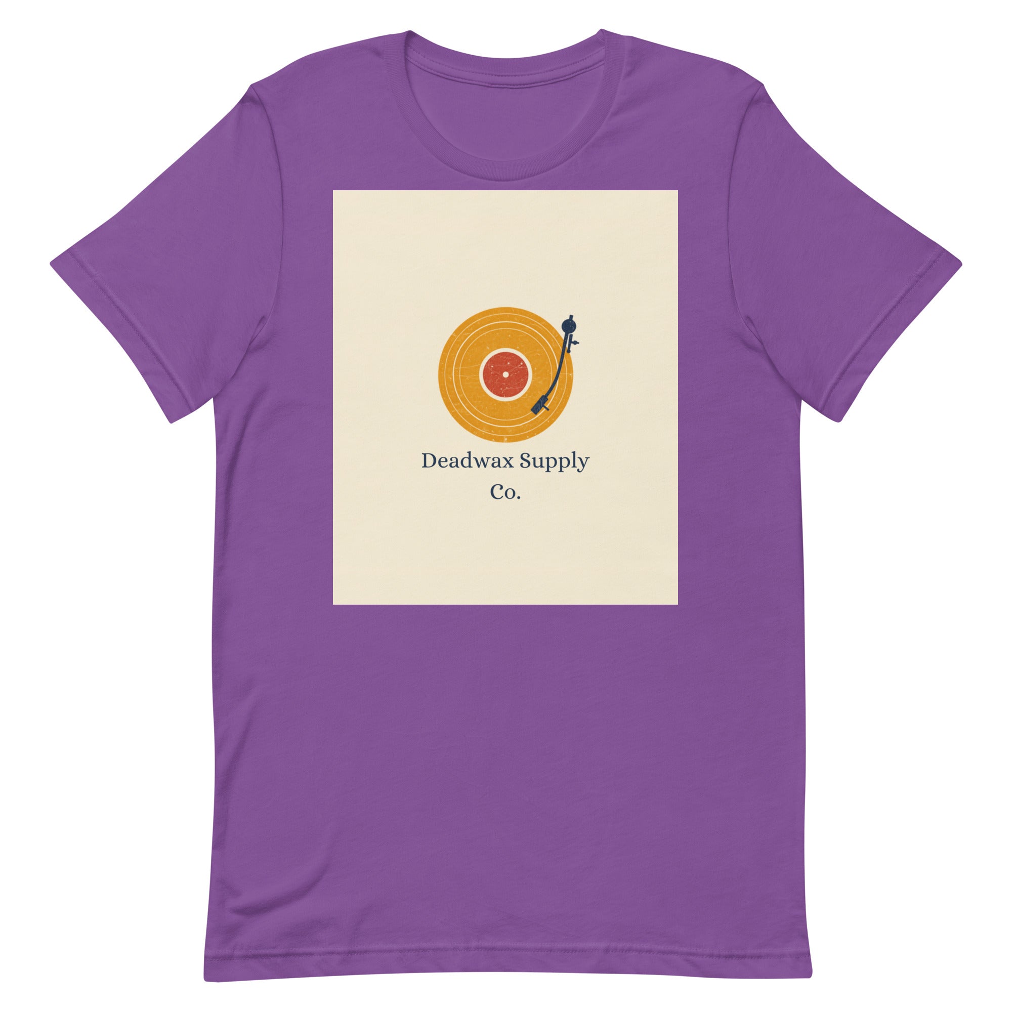Deadwax Tonearm Tee in royal purple – vinyl record collector t-shirt with tonearm and record logo