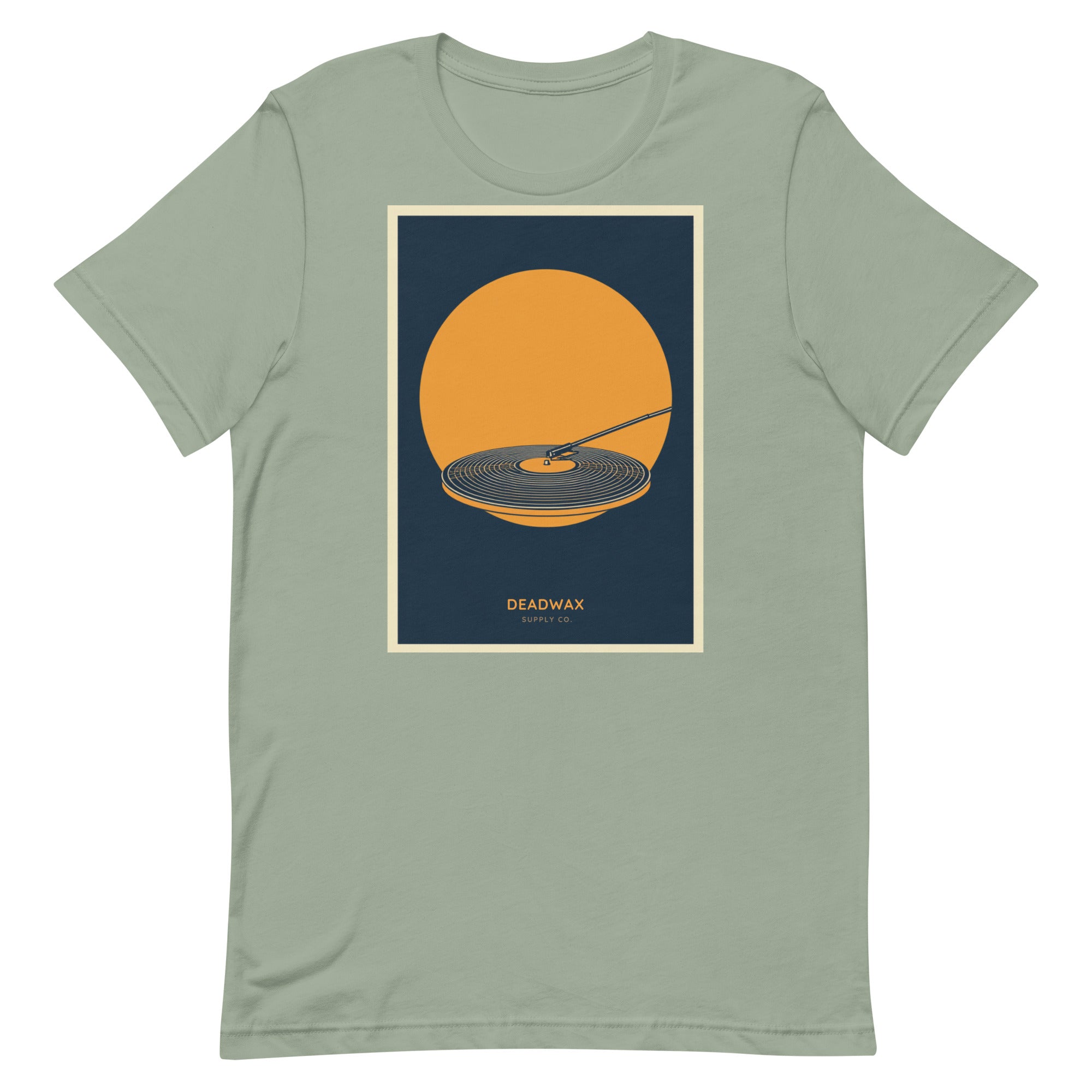Deadwax Tonearm Tee in sage – vinyl record collector t-shirt with tonearm and record logo