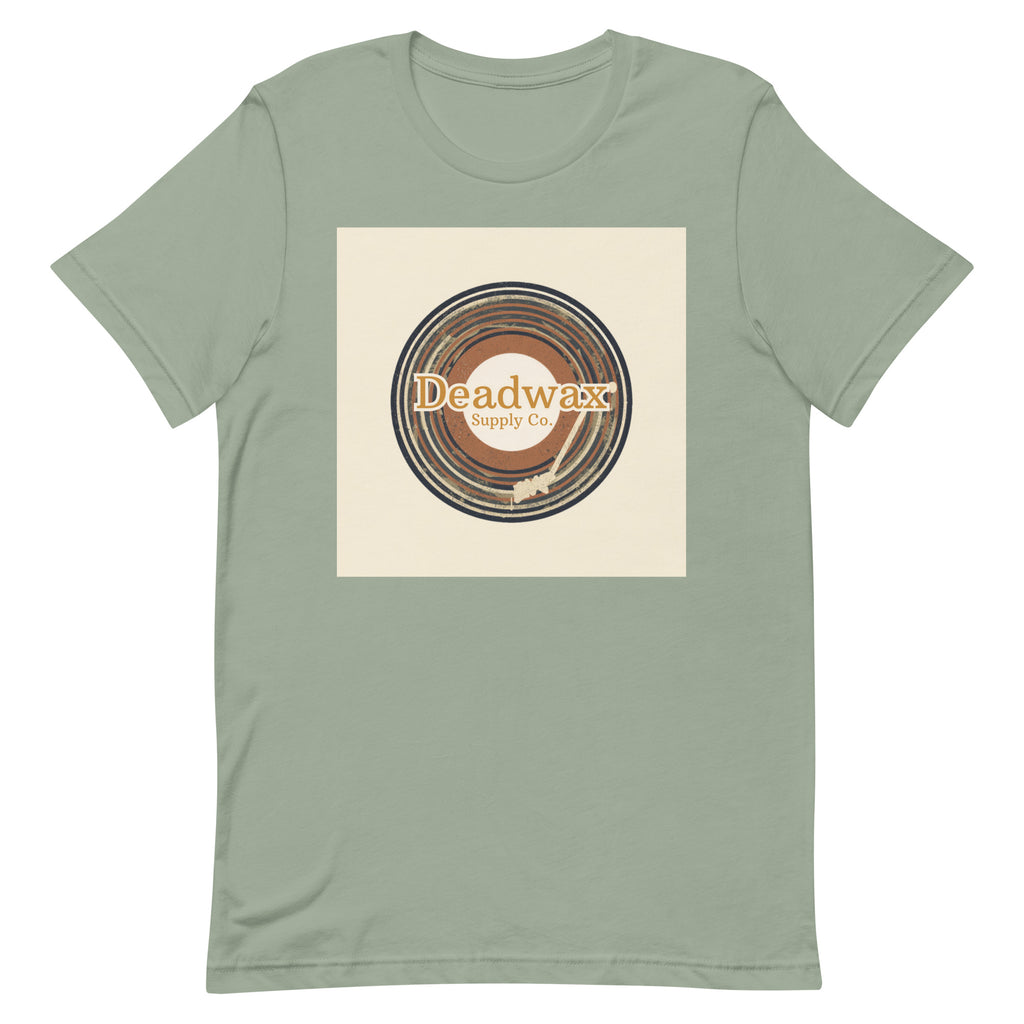 Deadwax Tonearm Tee in sage – vinyl record collector t-shirt with tonearm and record logo