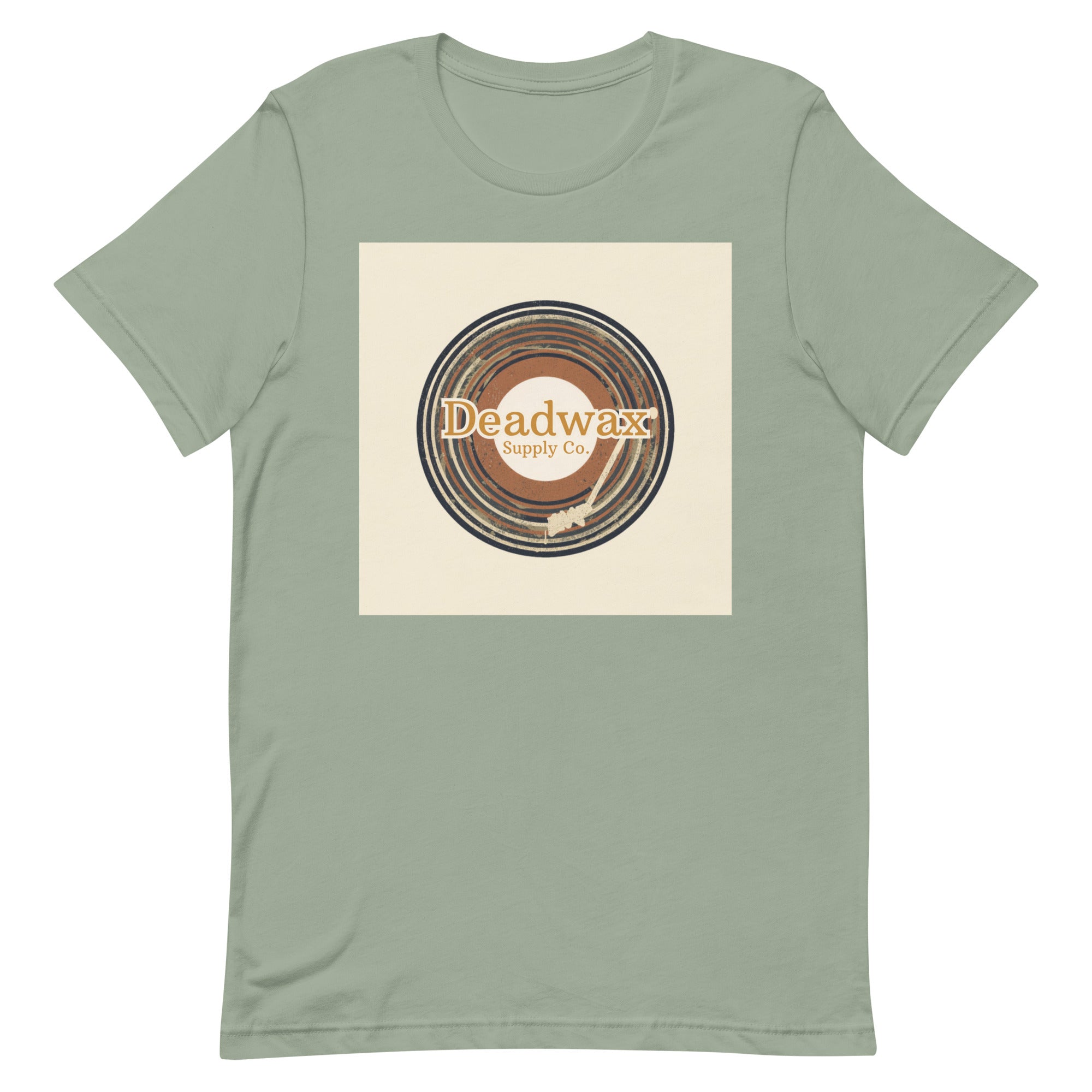 Deadwax Tonearm Tee in sage – vinyl record collector t-shirt with tonearm and record logo