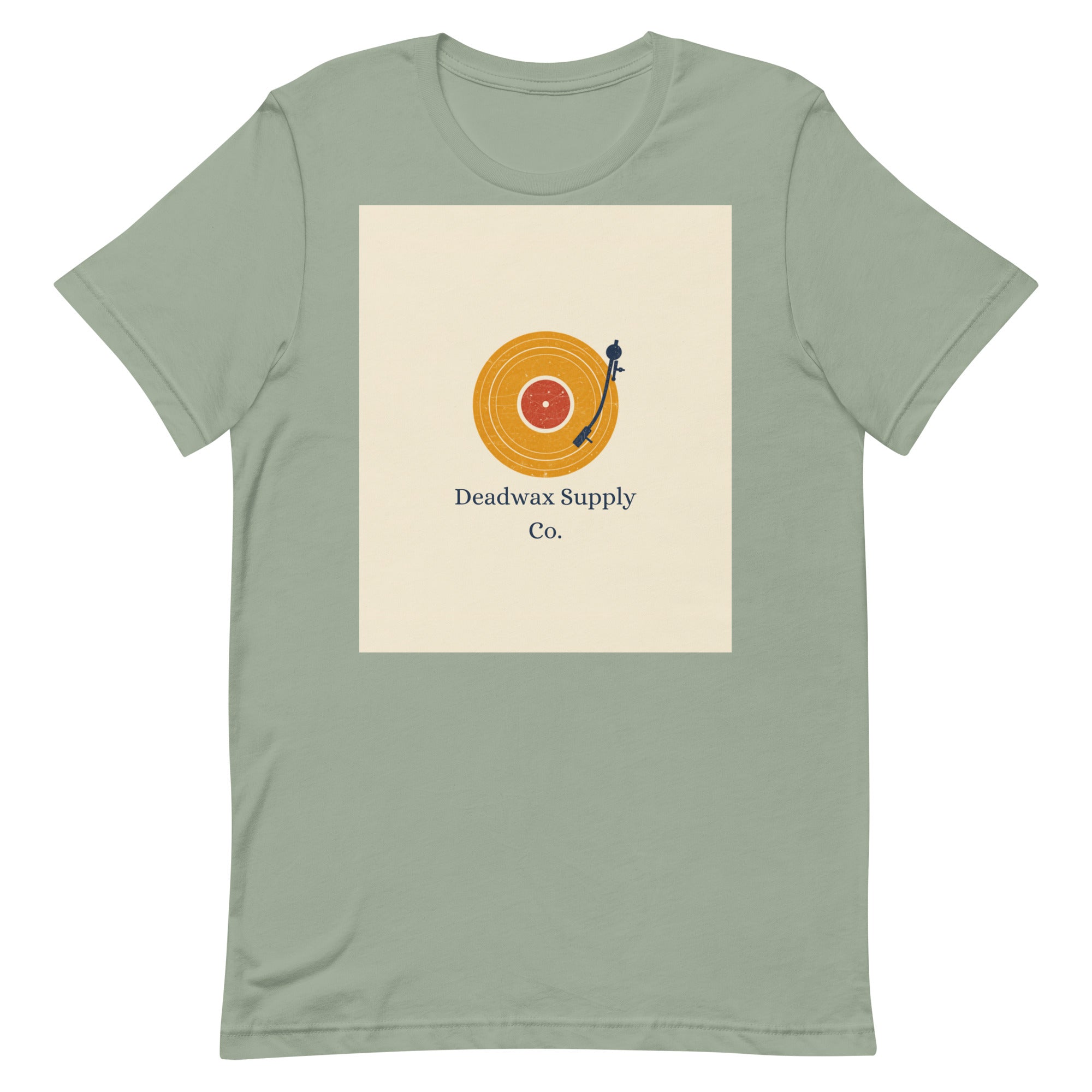 Deadwax Tonearm Tee in sage – vinyl record collector t-shirt with tonearm and record logo