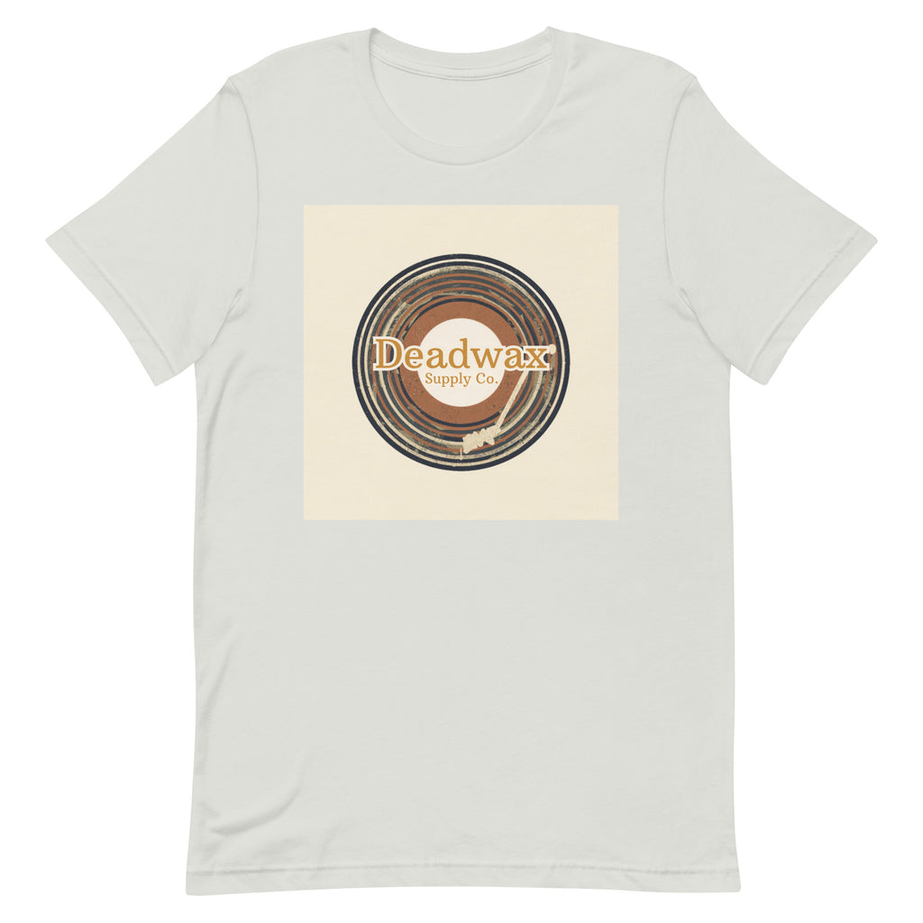 Deadwax Tonearm Tee in silver – vinyl record collector t-shirt with tonearm and record logo
