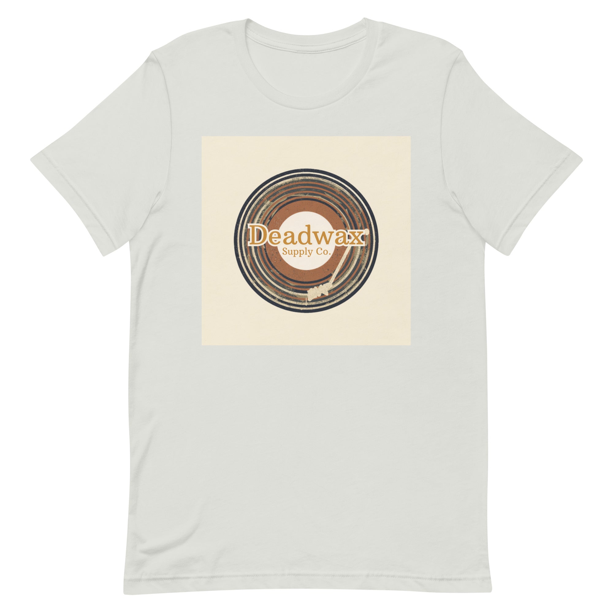 Deadwax Tonearm Tee in silver – vinyl record collector t-shirt with tonearm and record logo