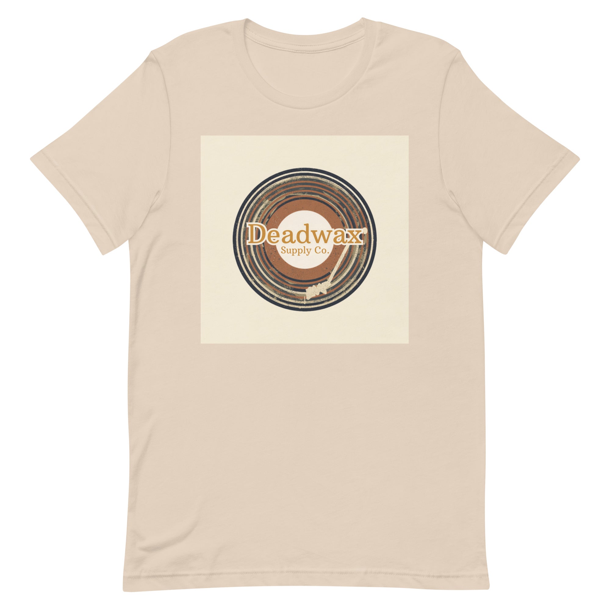 Deadwax Tonearm Tee in soft cream – vinyl record collector t-shirt with tonearm and record logo
