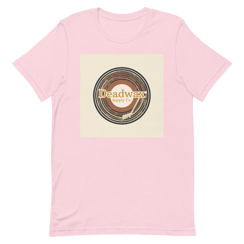 Deadwax Tonearm Tee in soft pink – vinyl record collector t-shirt with tonearm and record logo