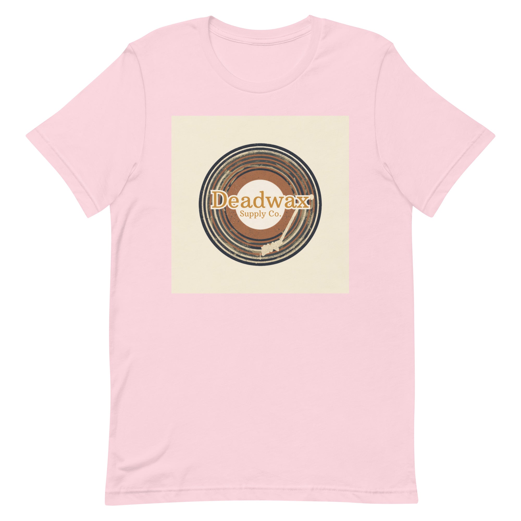 Deadwax Tonearm Tee in soft pink – vinyl record collector t-shirt with tonearm and record logo