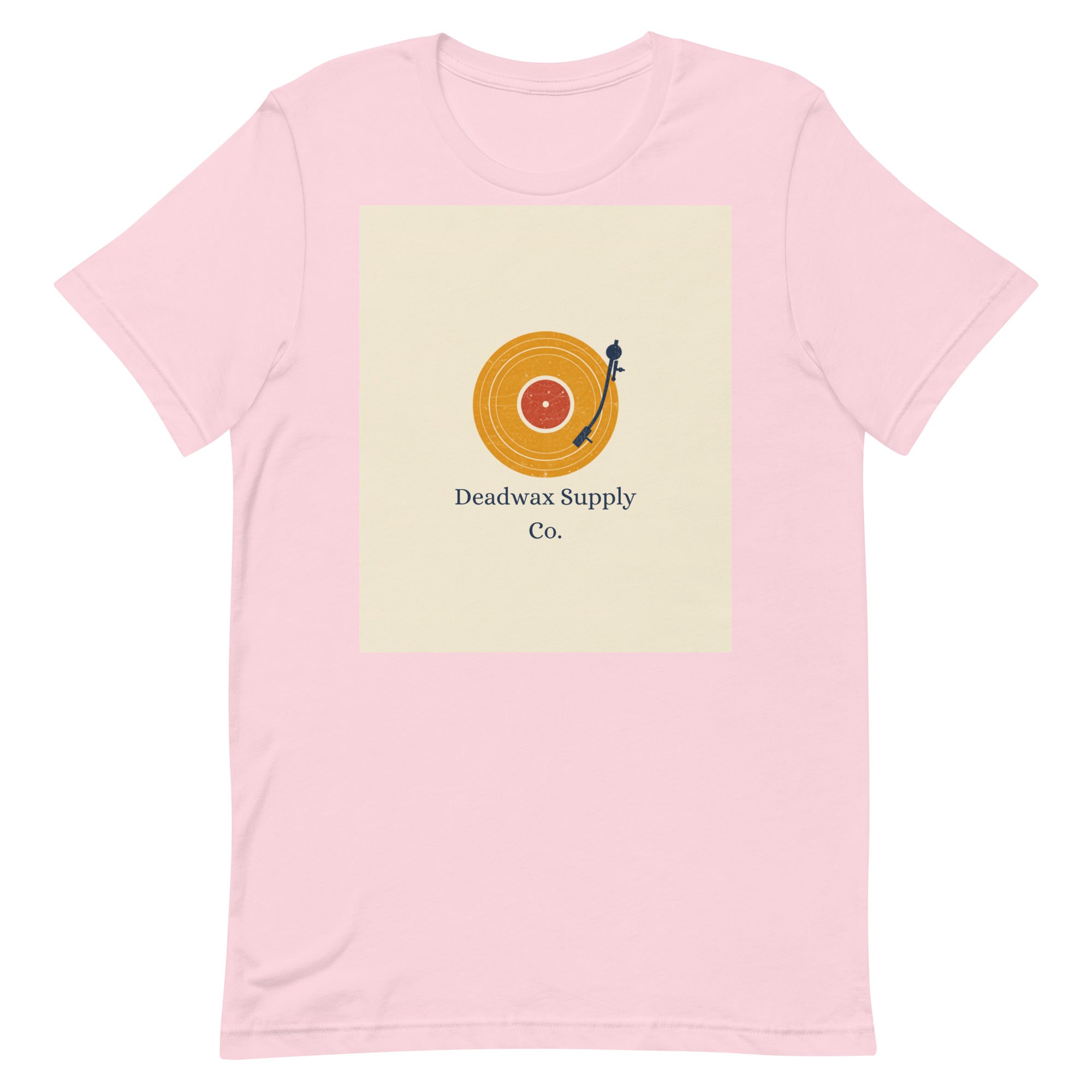 Deadwax Tonearm Tee in soft pink – vinyl record collector t-shirt with tonearm and record logo