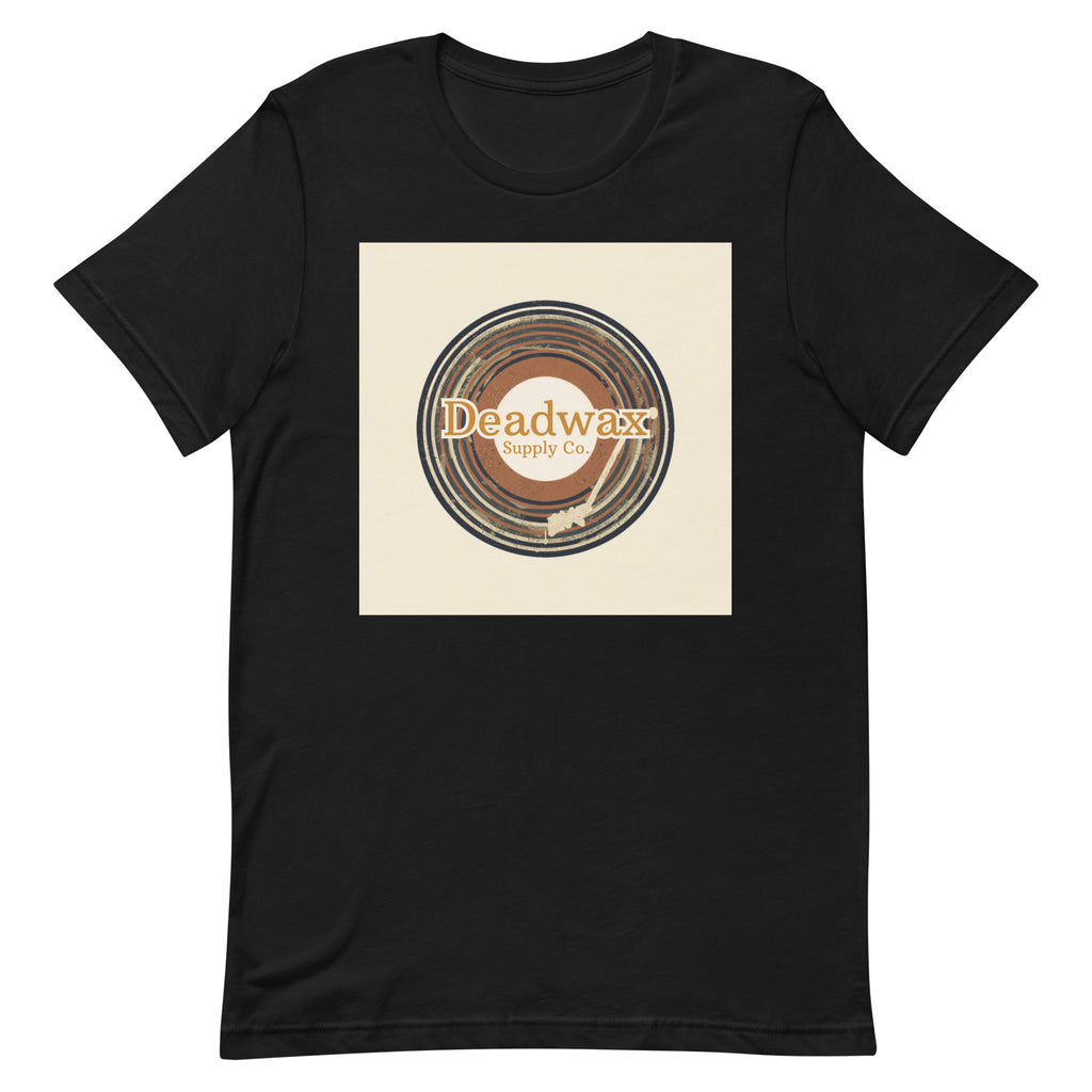 Deadwax Tonearm Tee in solid black blend – vinyl record collector t-shirt with tonearm and record logo