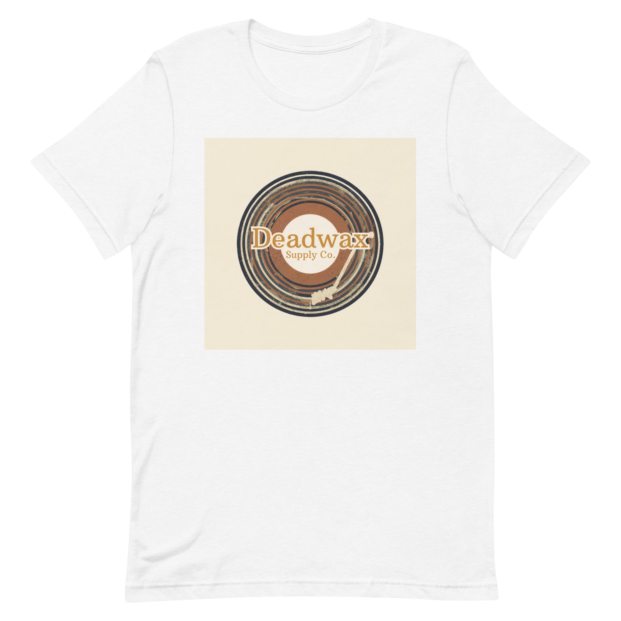 Deadwax Tonearm Tee in solid white blend – vinyl record collector t-shirt with tonearm and record logo