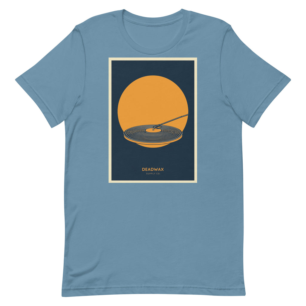 Deadwax Tonearm Tee in steel blue – vinyl record collector t-shirt with tonearm and record logo