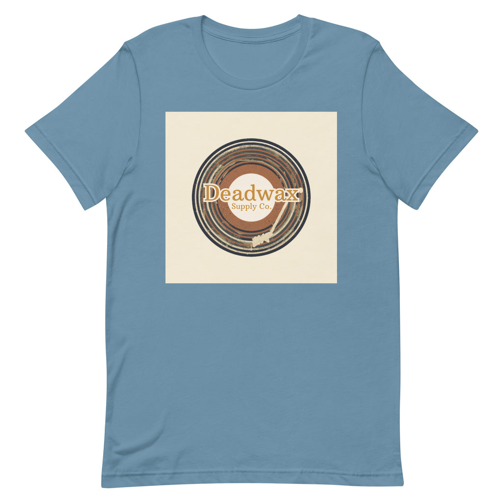 Deadwax Tonearm Tee in steel blue – vinyl record collector t-shirt with tonearm and record logo