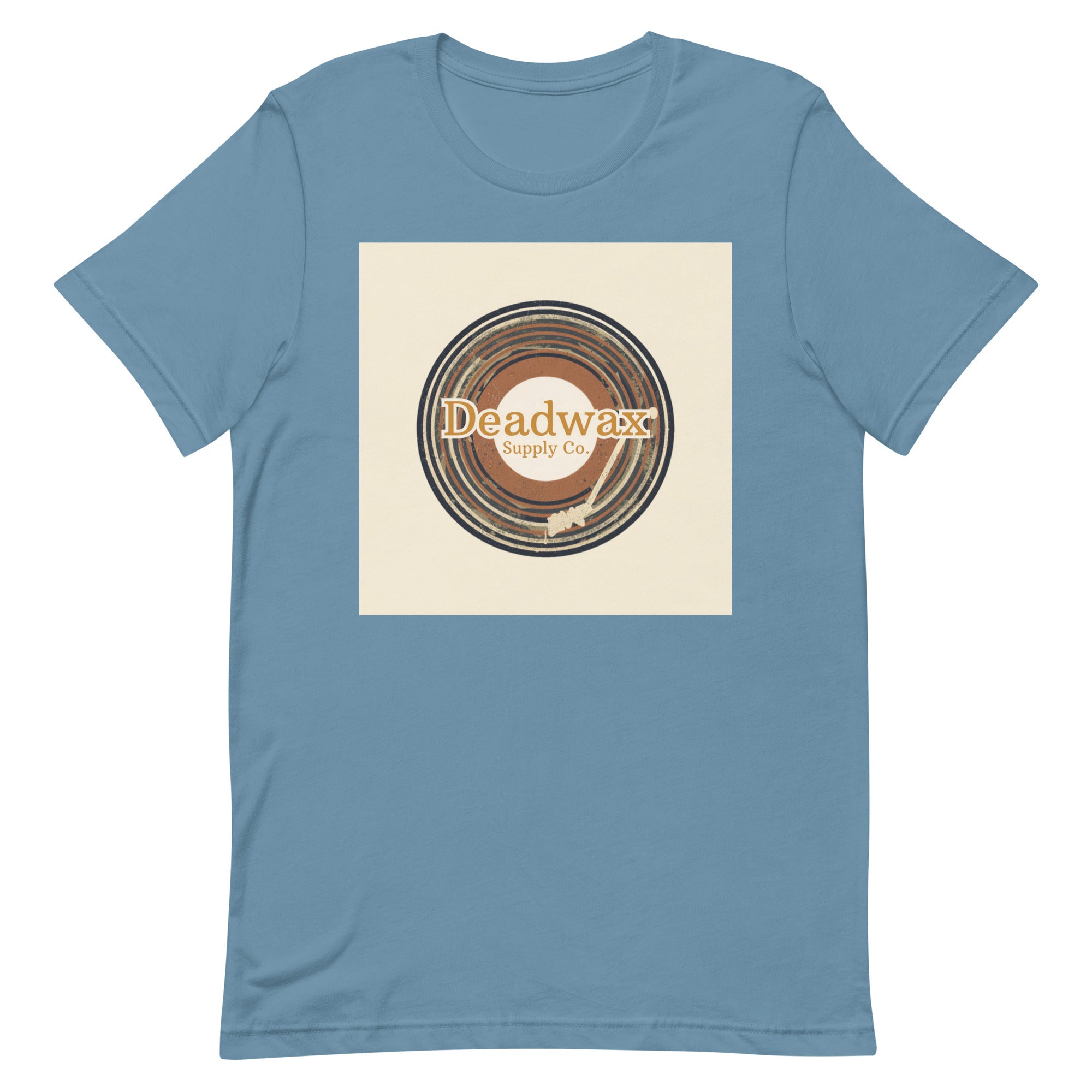 Deadwax Tonearm Tee in steel blue – vinyl record collector t-shirt with tonearm and record logo