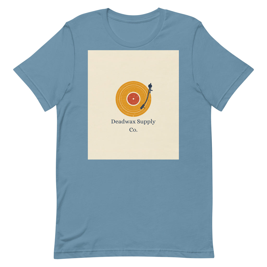 Deadwax Tonearm Tee in steel blue – vinyl record collector t-shirt with tonearm and record logo