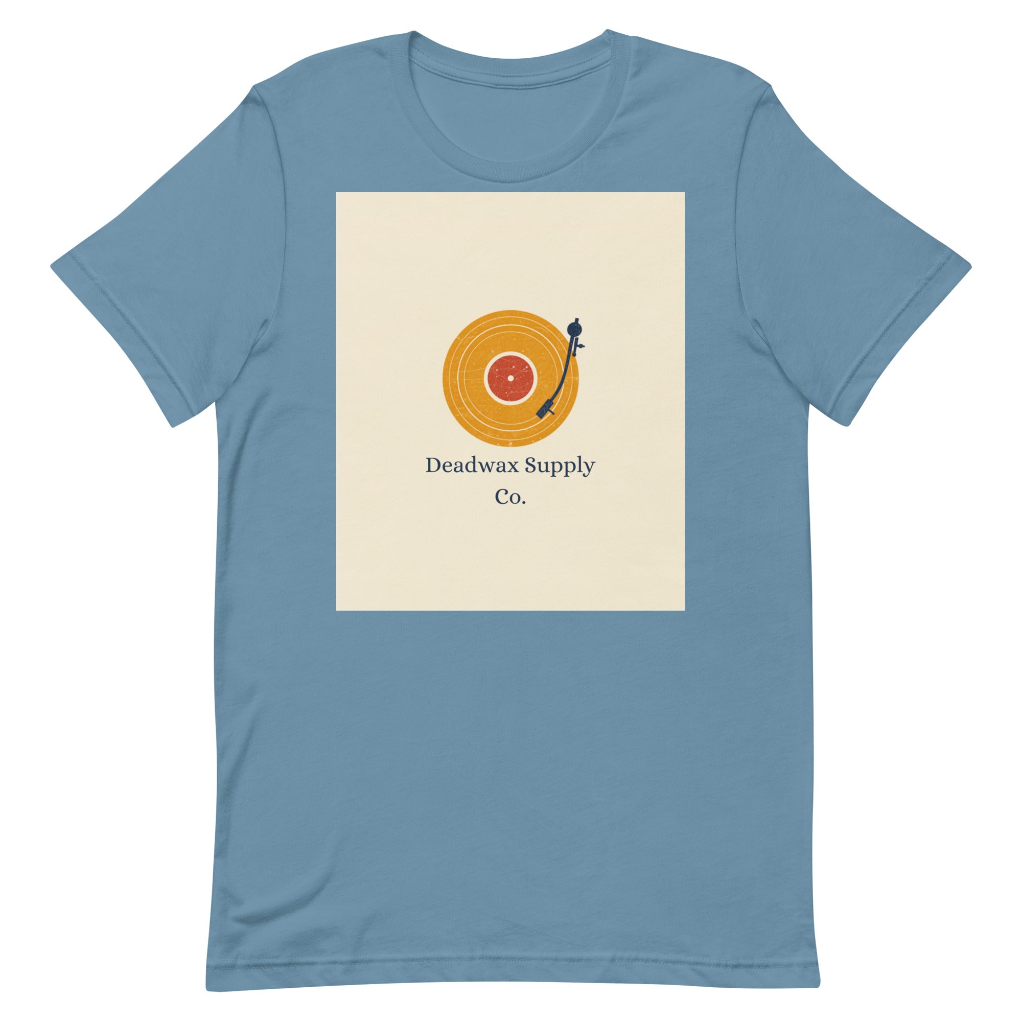 Deadwax Tonearm Tee in steel blue – vinyl record collector t-shirt with tonearm and record logo