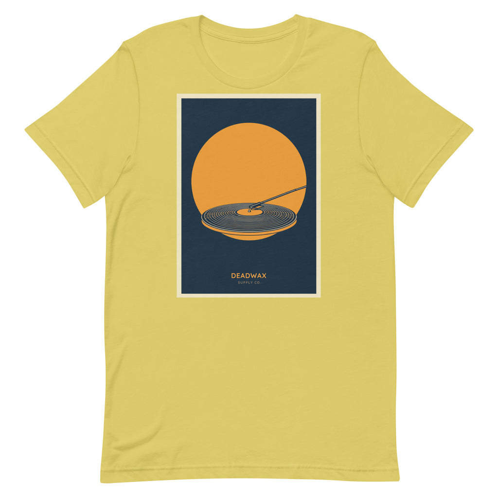 Deadwax Tonearm Tee in strobe – vinyl record collector t-shirt with tonearm and record logo