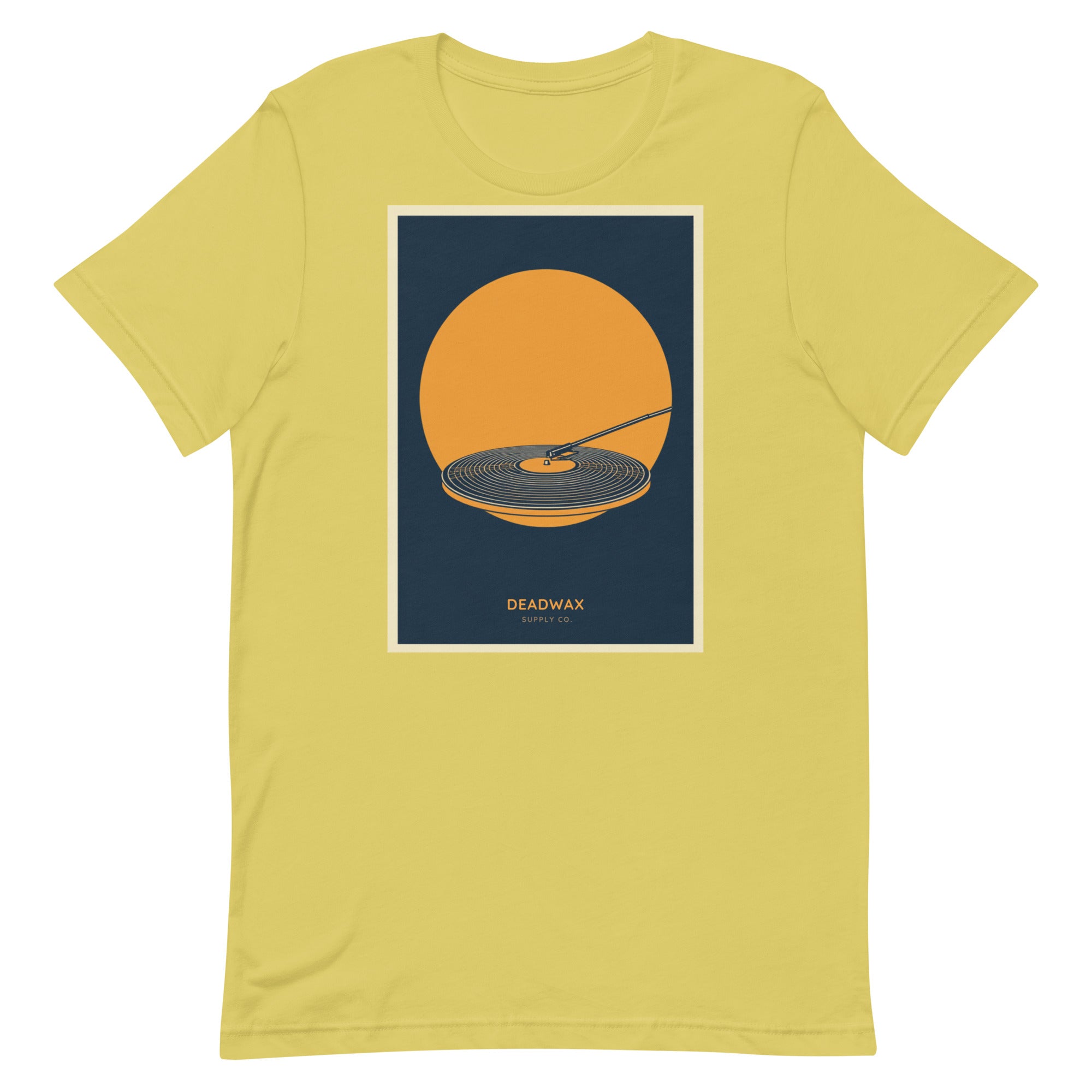 Deadwax Tonearm Tee in strobe – vinyl record collector t-shirt with tonearm and record logo