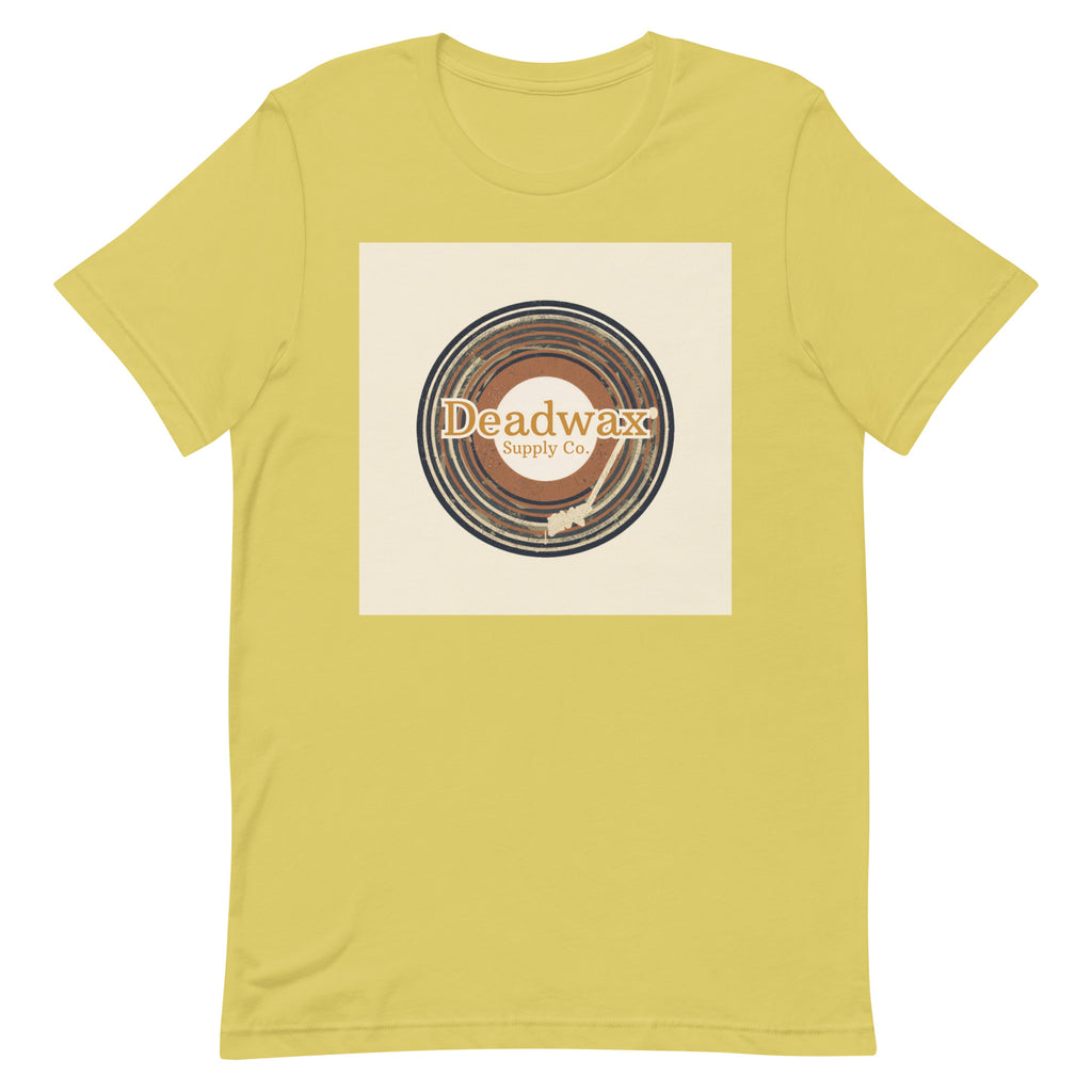 Deadwax Tonearm Tee in strobe – vinyl record collector t-shirt with tonearm and record logo