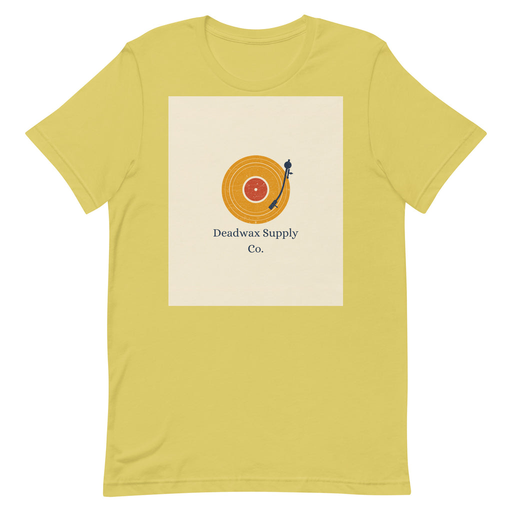 Deadwax Tonearm Tee in strobe – vinyl record collector t-shirt with tonearm and record logo