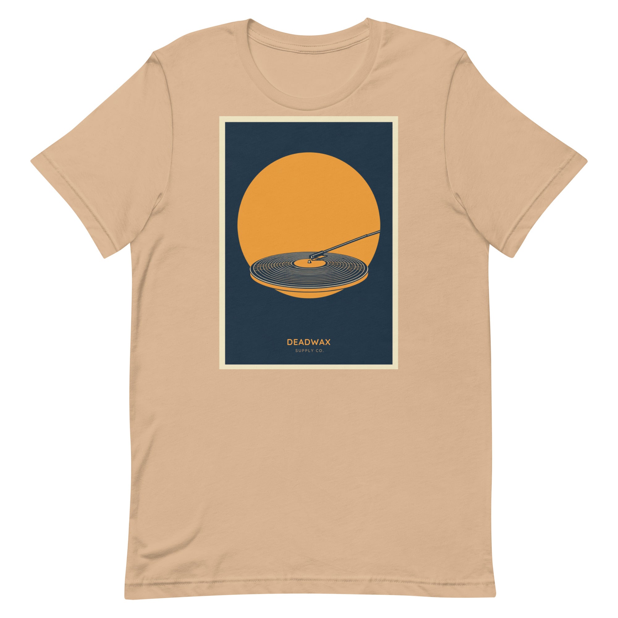 Deadwax Tonearm Tee in tan – vinyl record collector t-shirt with tonearm and record logo