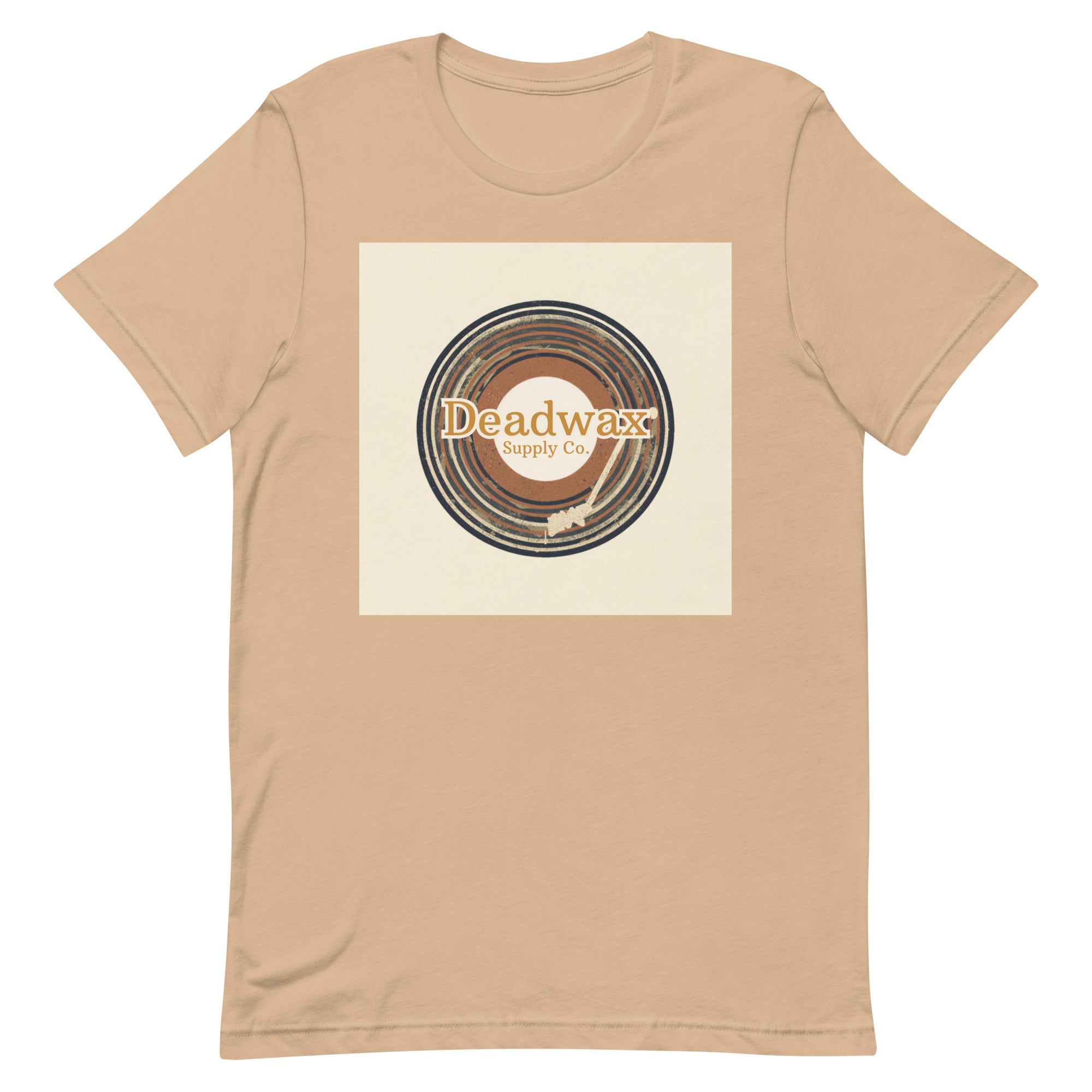 Deadwax Tonearm Tee in tan – vinyl record collector t-shirt with tonearm and record logo