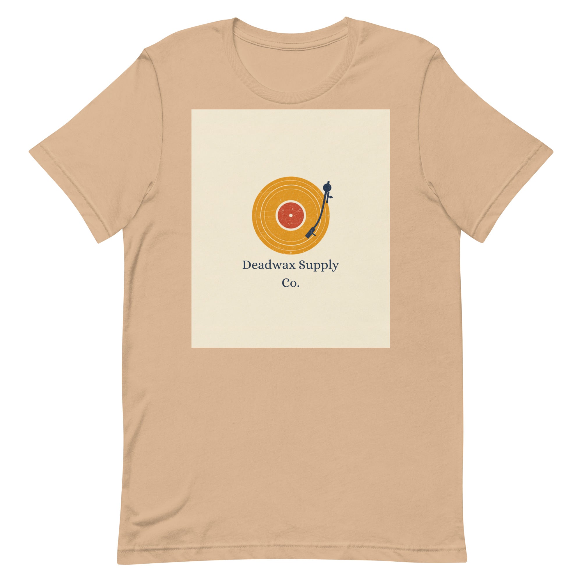 Deadwax Tonearm Tee in tan – vinyl record collector t-shirt with tonearm and record logo