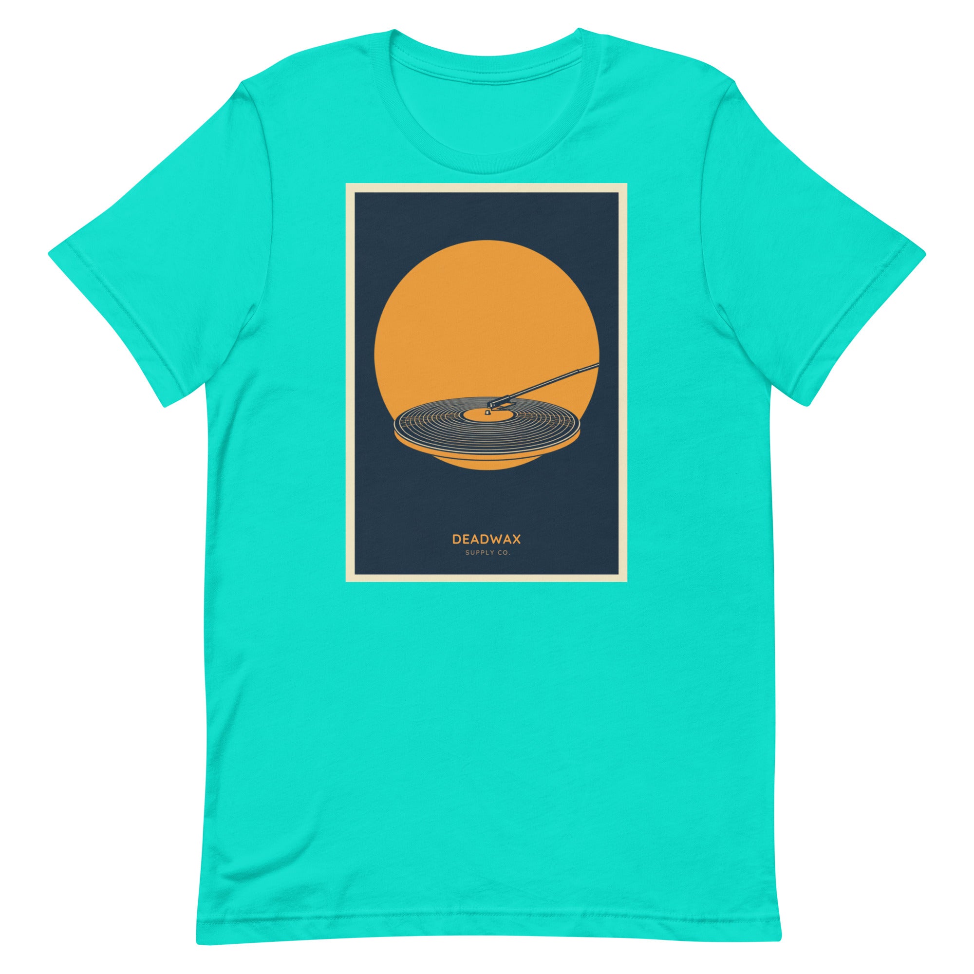 Deadwax Tonearm Tee in teal – vinyl record collector t-shirt with tonearm and record logo