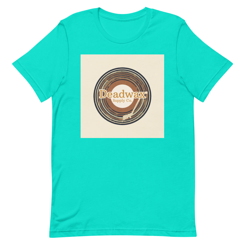 Deadwax Tonearm Tee in teal – vinyl record collector t-shirt with tonearm and record logo